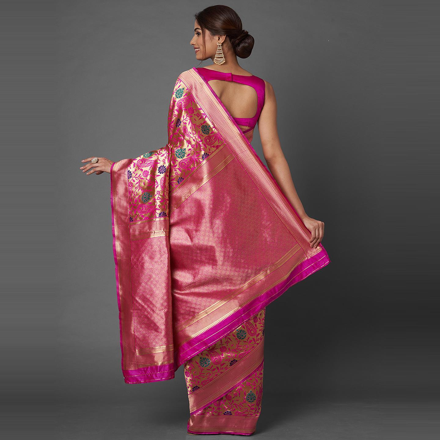 Saree Mall Pink Wedding Wear Silk Blend Woven Paisley Designer Saree With Unstitched Blouse - Peachmode