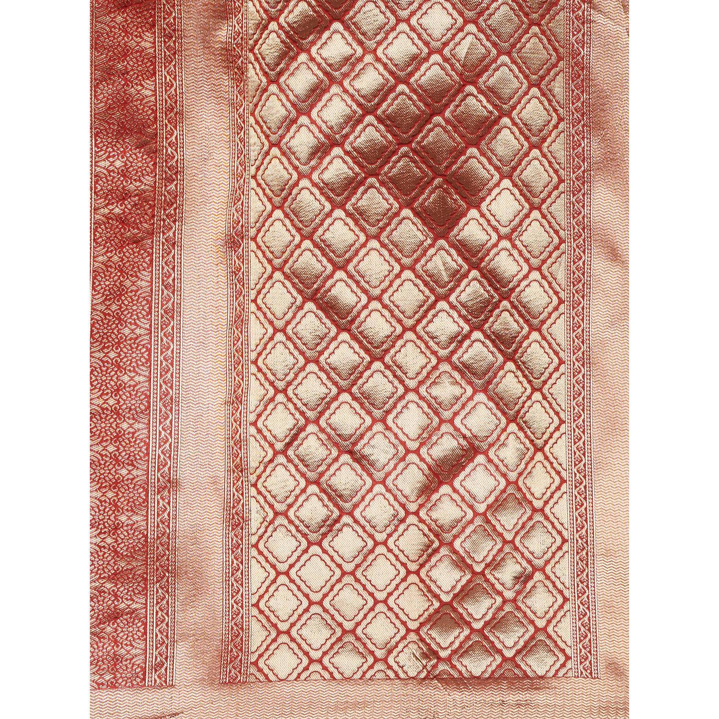 Saree Mall Red & Maroon Festive Wear Silk Blend Banarasi Saree With Unstitched Blouse - Peachmode