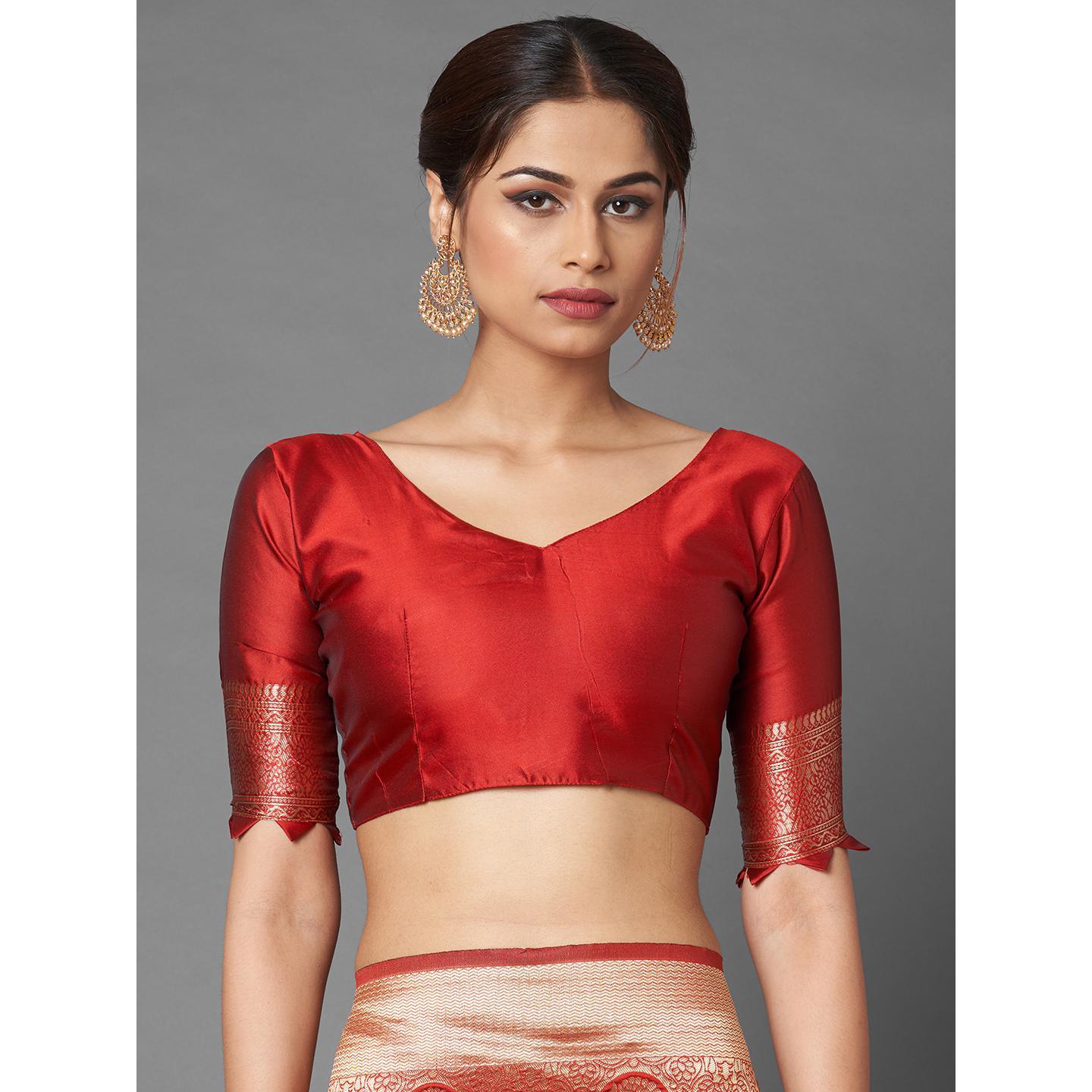 Saree Mall Red & Maroon Festive Wear Silk Blend Banarasi Saree With Unstitched Blouse - Peachmode