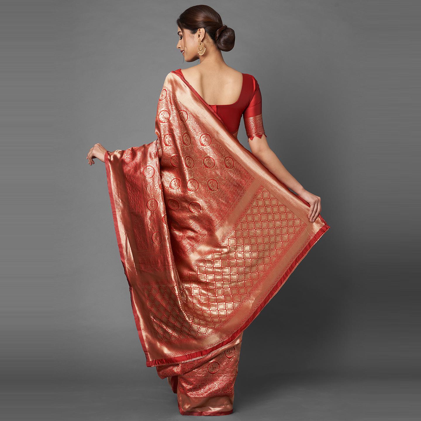 Saree Mall Red & Maroon Festive Wear Silk Blend Banarasi Saree With Unstitched Blouse - Peachmode
