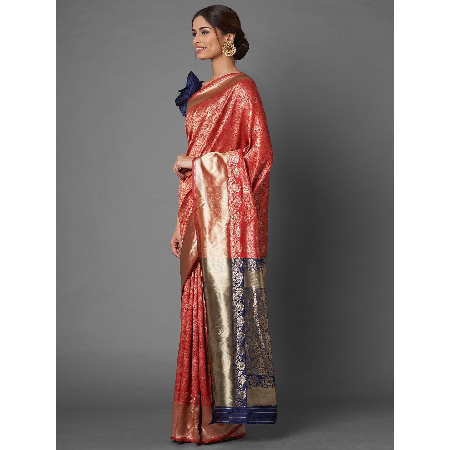 Saree Mall Red & Navy Blue Festive Wear Silk Floral Designer Blend Banarasi Saree With Unstitched Blouse - Peachmode