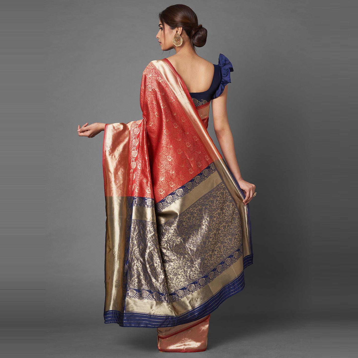 Saree Mall Red & Navy Blue Festive Wear Silk Floral Designer Blend Banarasi Saree With Unstitched Blouse - Peachmode