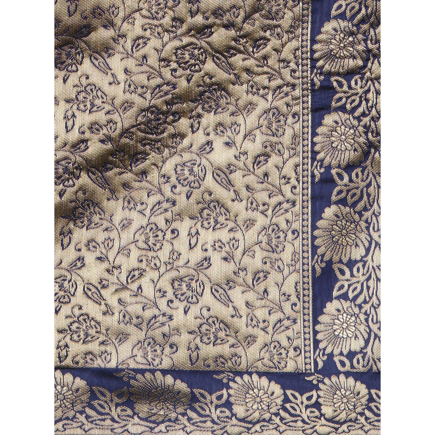 Saree Mall Red & Navy Blue Festive Wear Silk Floral Designer Blend Banarasi Saree With Unstitched Blouse - Peachmode