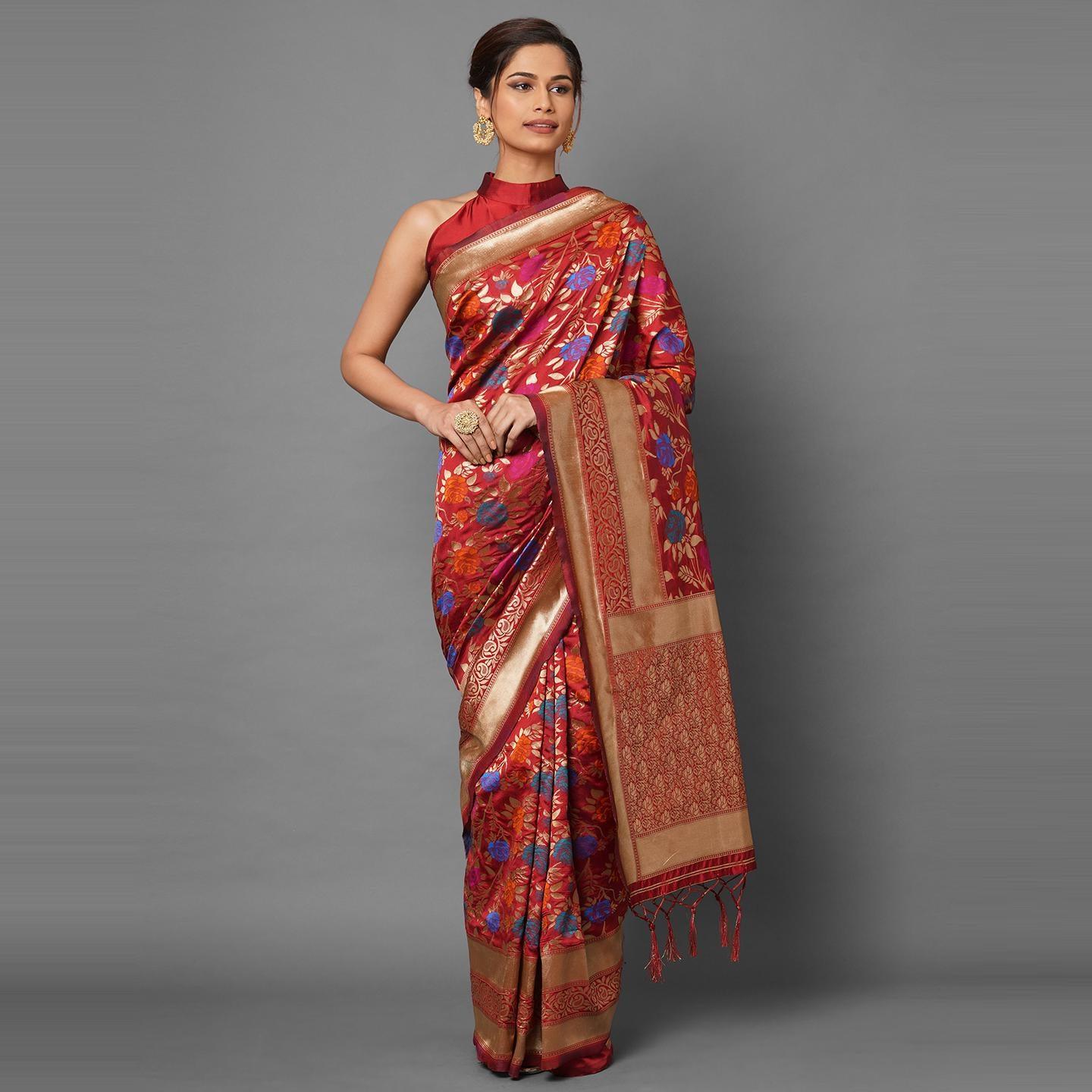 Saree Mall Red Festive Wear Silk Blend Woven Floral Designer Saree With Unstitched Blouse - Peachmode
