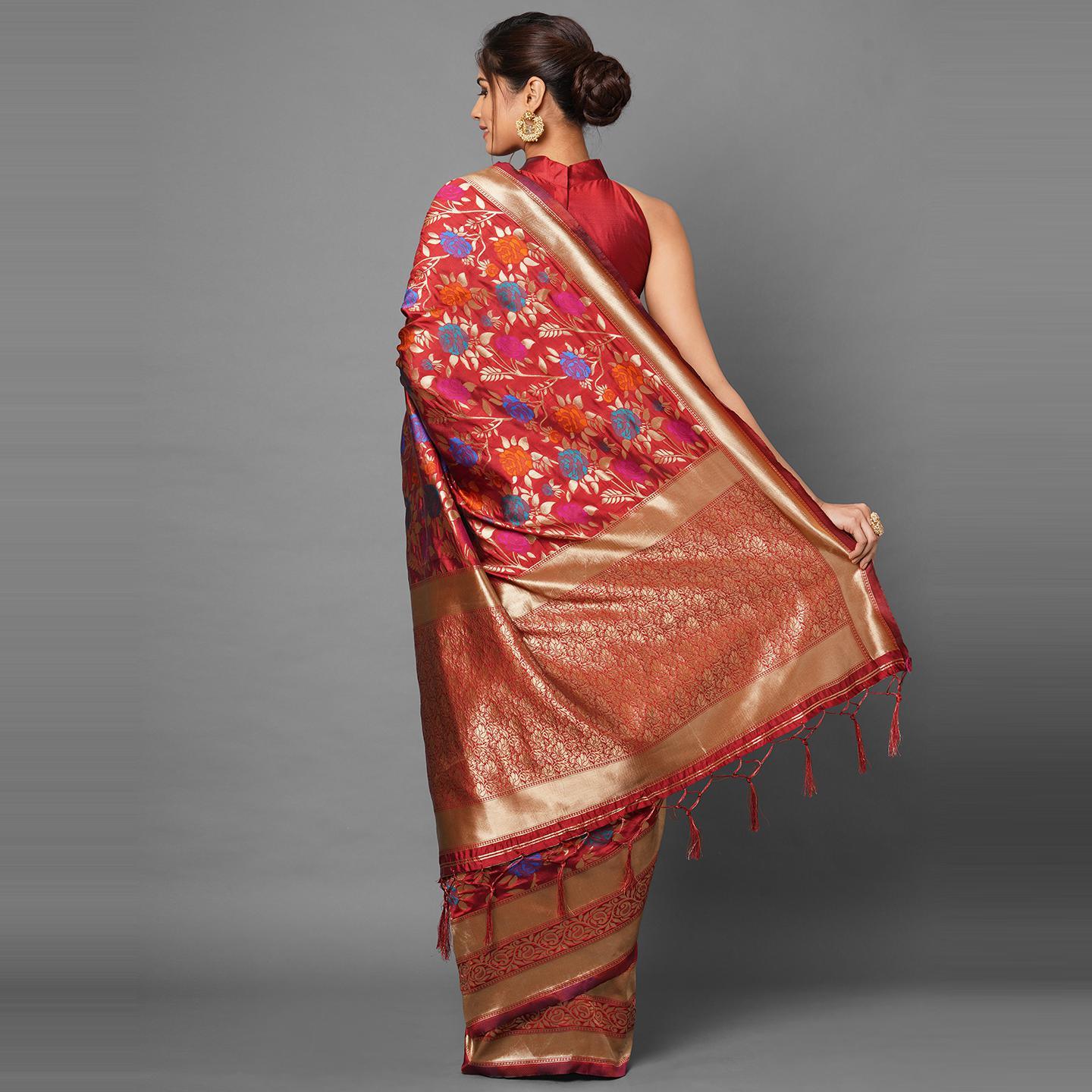 Saree Mall Red Festive Wear Silk Blend Woven Floral Designer Saree With Unstitched Blouse - Peachmode