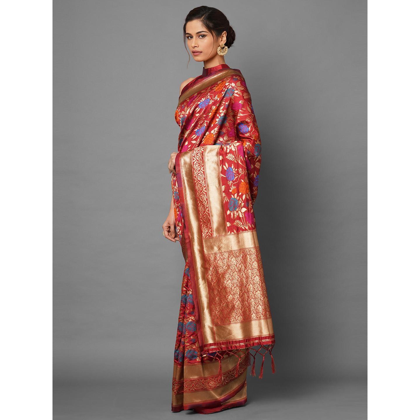 Saree Mall Red Festive Wear Silk Blend Woven Floral Designer Saree With Unstitched Blouse - Peachmode