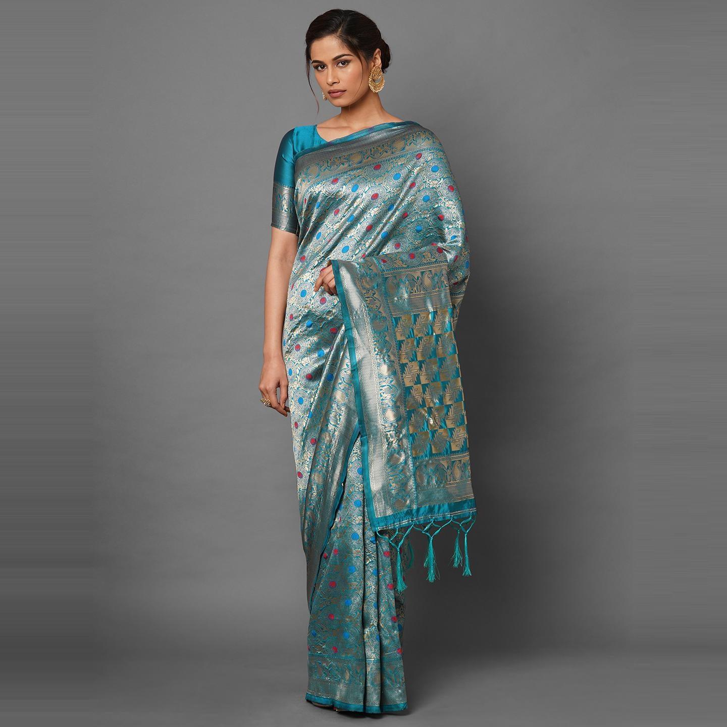 Saree Mall Teal Blue Festive Wear Silk Blend Woven Designer Saree With Unstitched Blouse - Peachmode