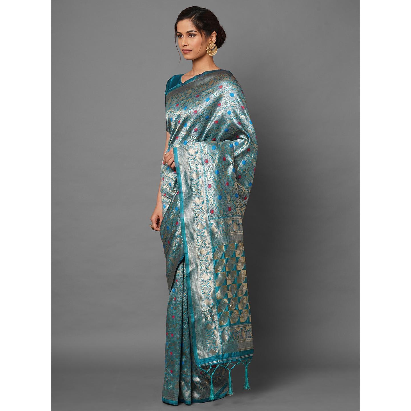 Saree Mall Teal Blue Festive Wear Silk Blend Woven Designer Saree With Unstitched Blouse - Peachmode