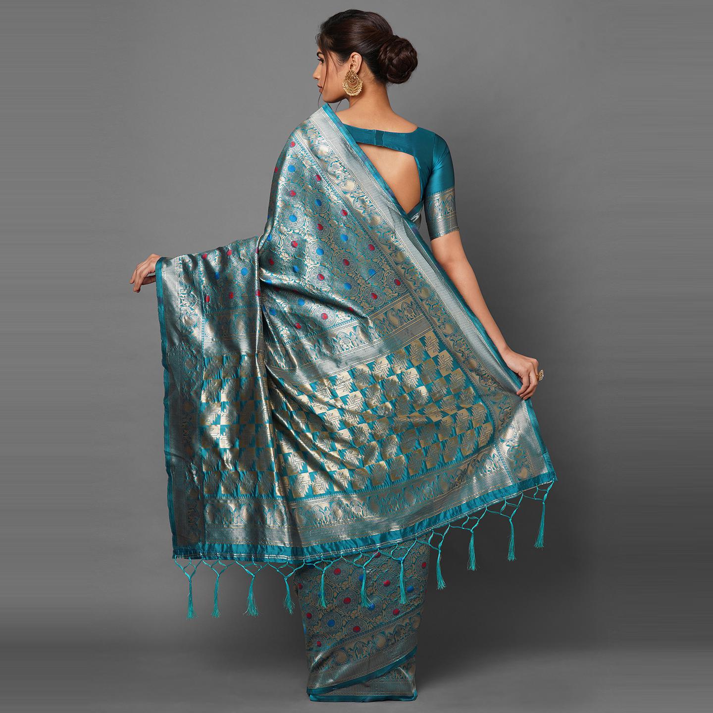Saree Mall Teal Blue Festive Wear Silk Blend Woven Designer Saree With Unstitched Blouse - Peachmode