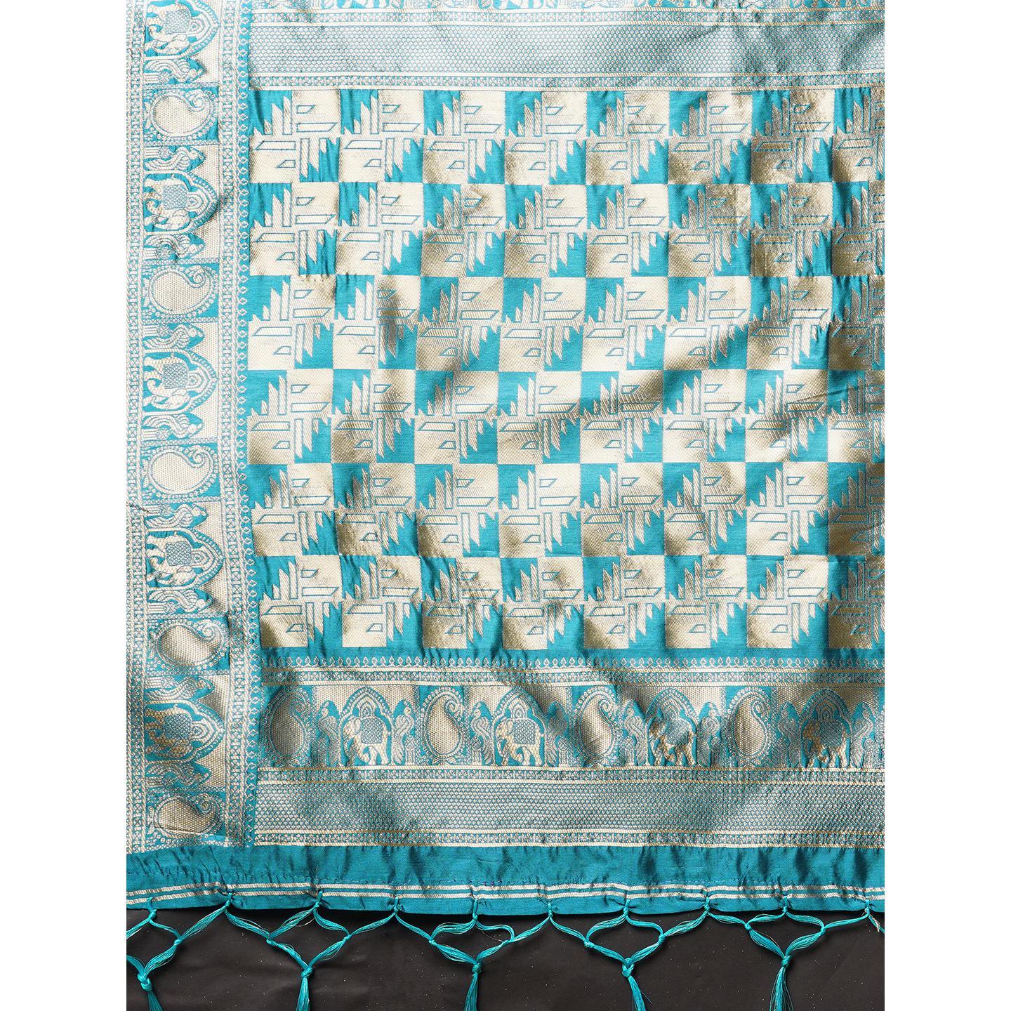 Saree Mall Teal Blue Festive Wear Silk Blend Woven Designer Saree With Unstitched Blouse - Peachmode