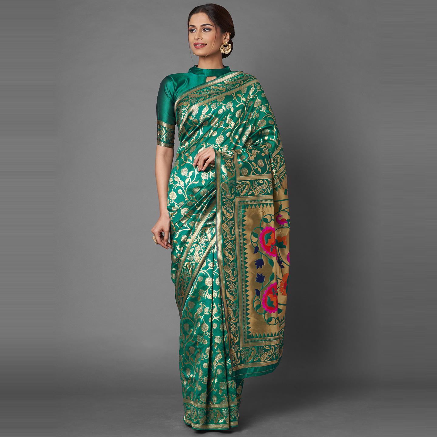 Saree Mall Teal Green Party Wear Silk Blend Floral Designer Banarasi Saree With Unstitched Blouse - Peachmode