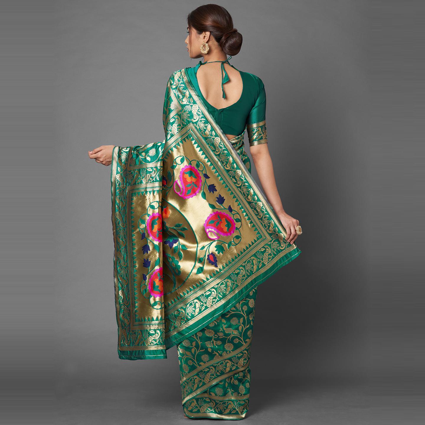 Saree Mall Teal Green Party Wear Silk Blend Floral Designer Banarasi Saree With Unstitched Blouse - Peachmode