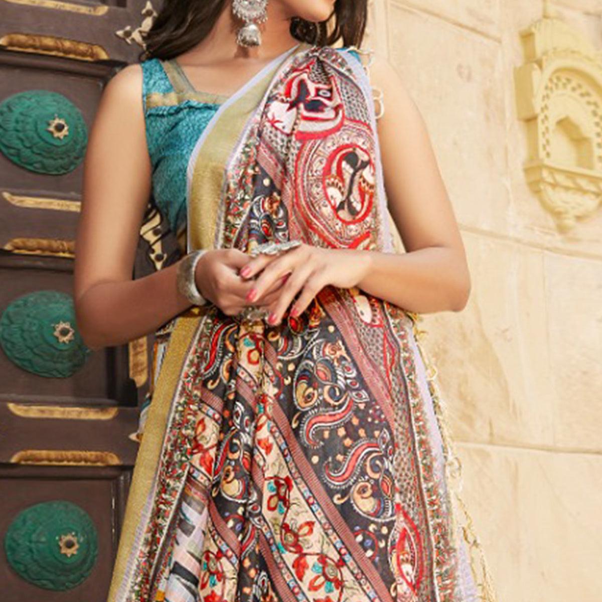 Saree Mall White Casual Wear Digital Printed Stripes Soft Cotton Saree - Peachmode