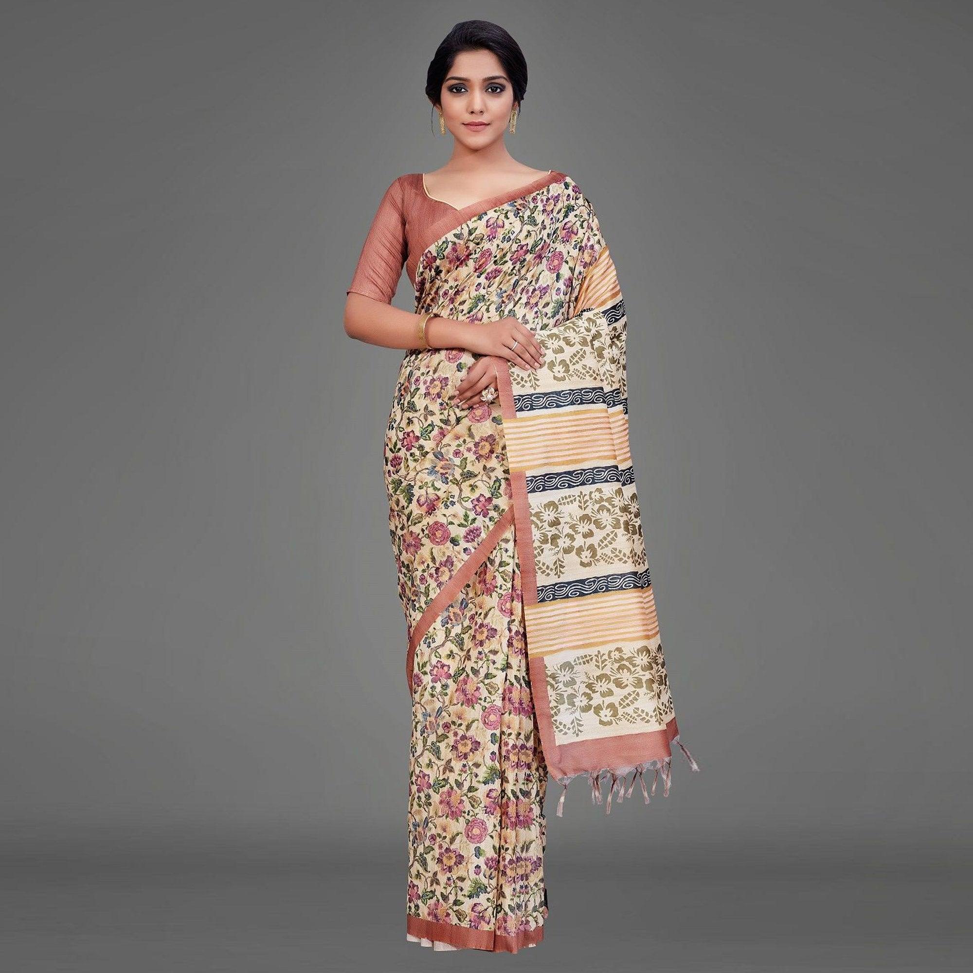 Sareemall Beige Casual Art Silk Printed Saree With Unstitched Blouse - Peachmode