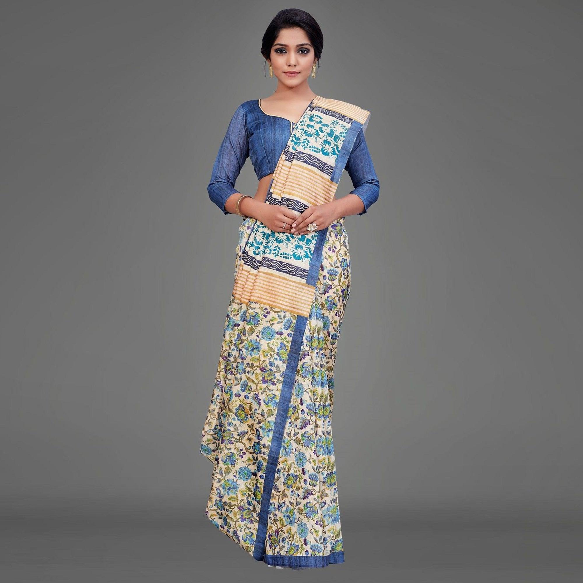 Sareemall Beige Casual Art Silk Printed Saree With Unstitched Blouse - Peachmode