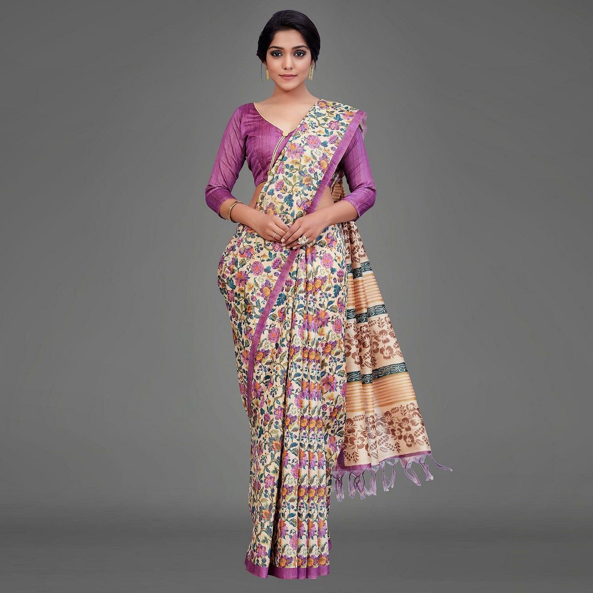 Sareemall Beige Casual Art Silk Printed Saree With Unstitched Blouse - Peachmode