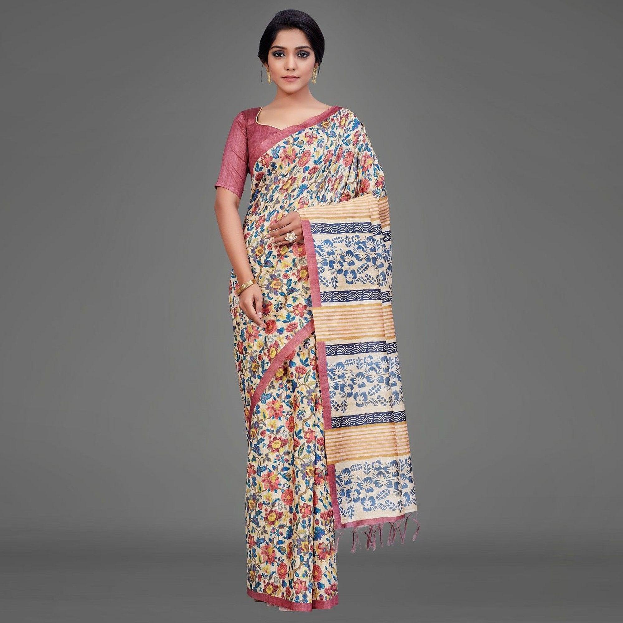 Sareemall Beige Casual Art Silk Printed Saree With Unstitched Blouse - Peachmode