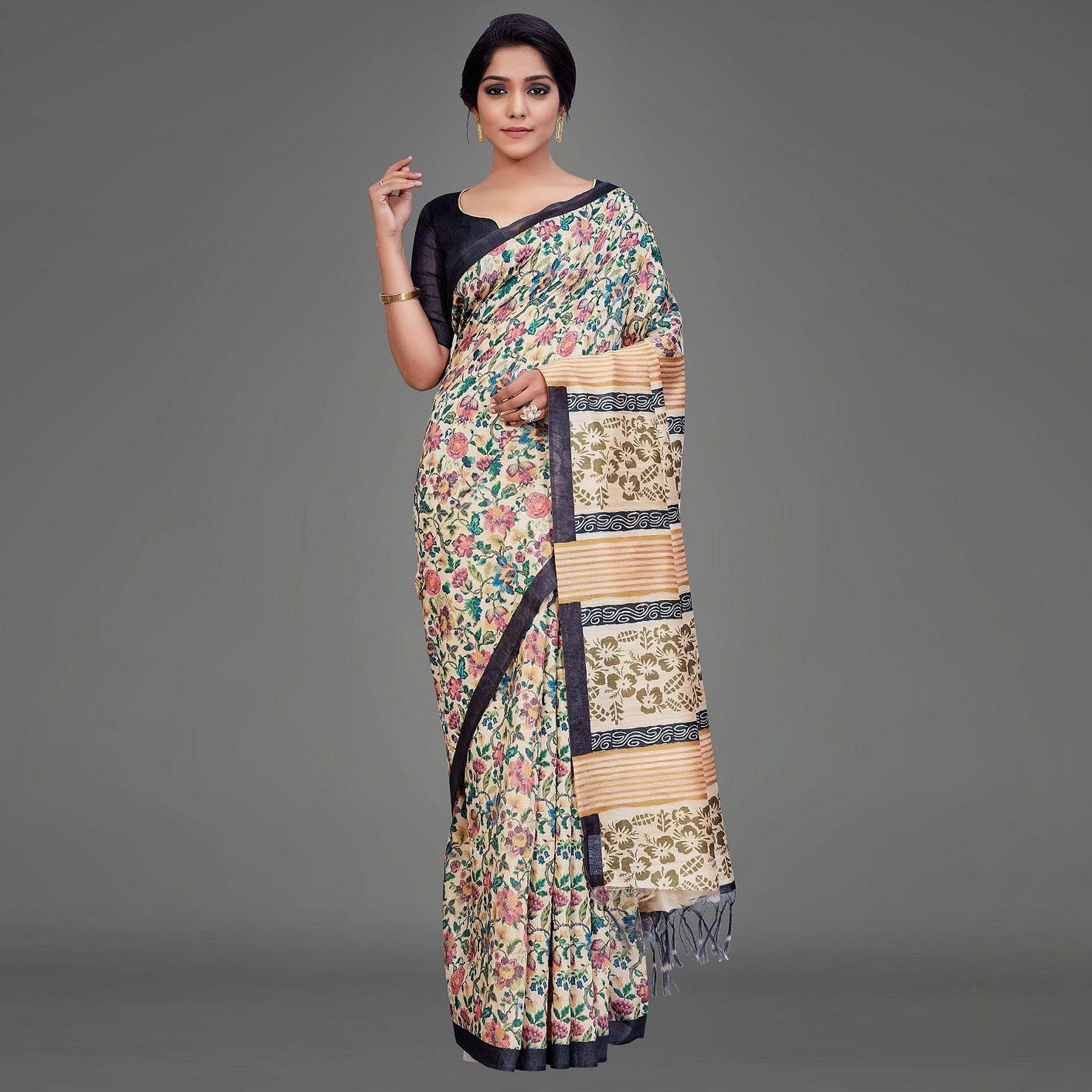 Sareemall Beige Casual Art Silk Printed Saree With Unstitched Blouse - Peachmode