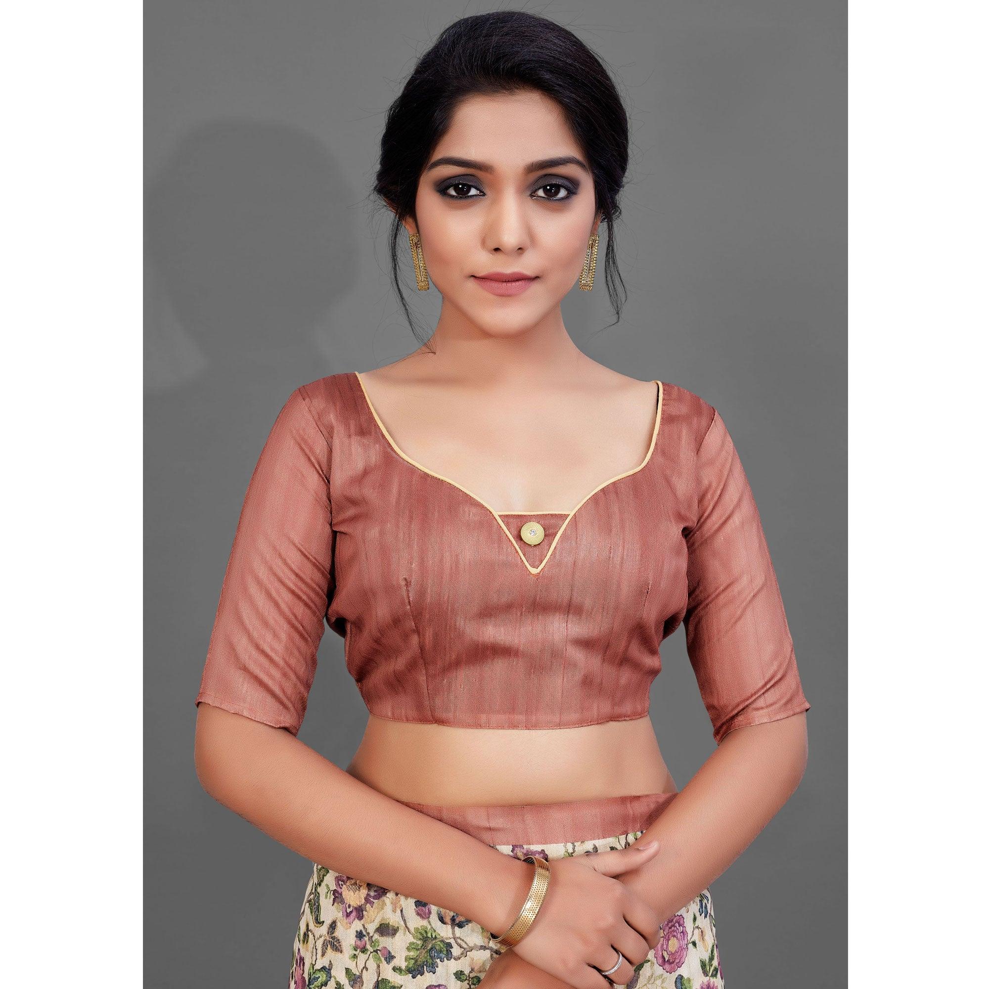 Sareemall Beige Casual Art Silk Printed Saree With Unstitched Blouse - Peachmode