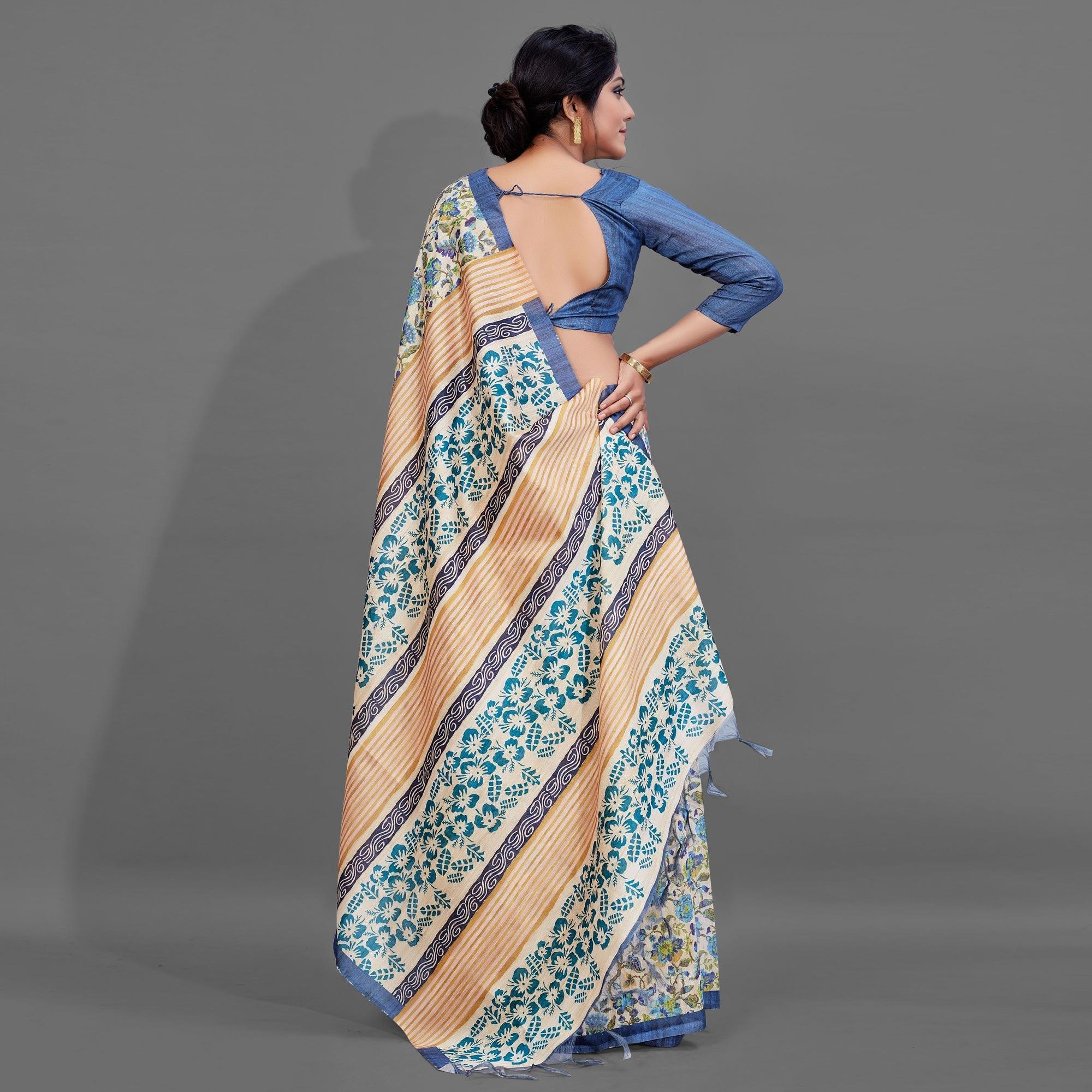 Sareemall Beige Casual Art Silk Printed Saree With Unstitched Blouse - Peachmode