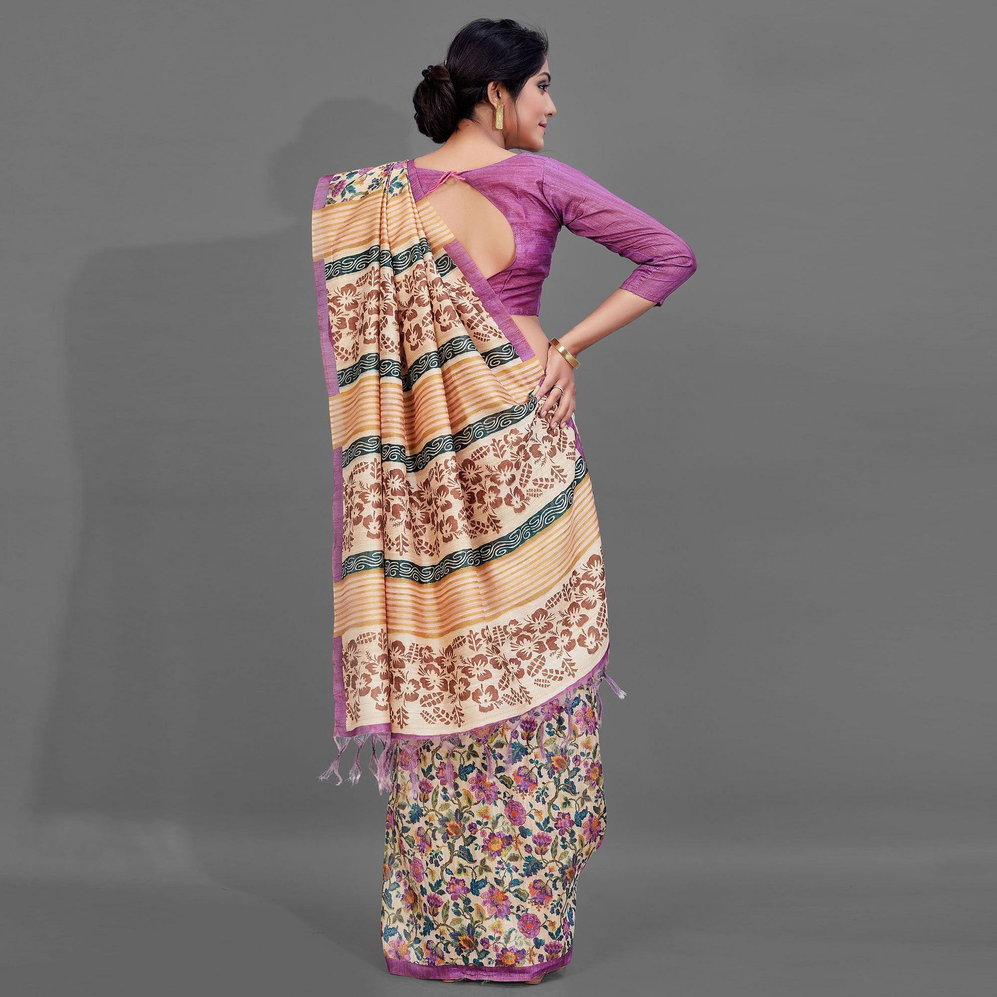 Sareemall Beige Casual Art Silk Printed Saree With Unstitched Blouse - Peachmode