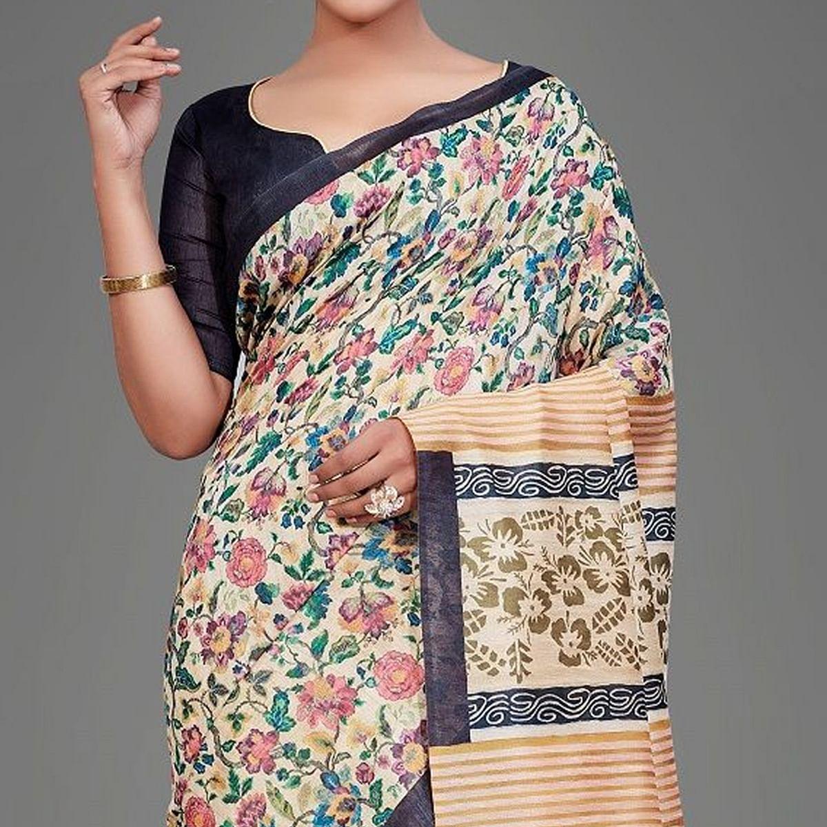 Sareemall Beige Casual Art Silk Printed Saree With Unstitched Blouse - Peachmode