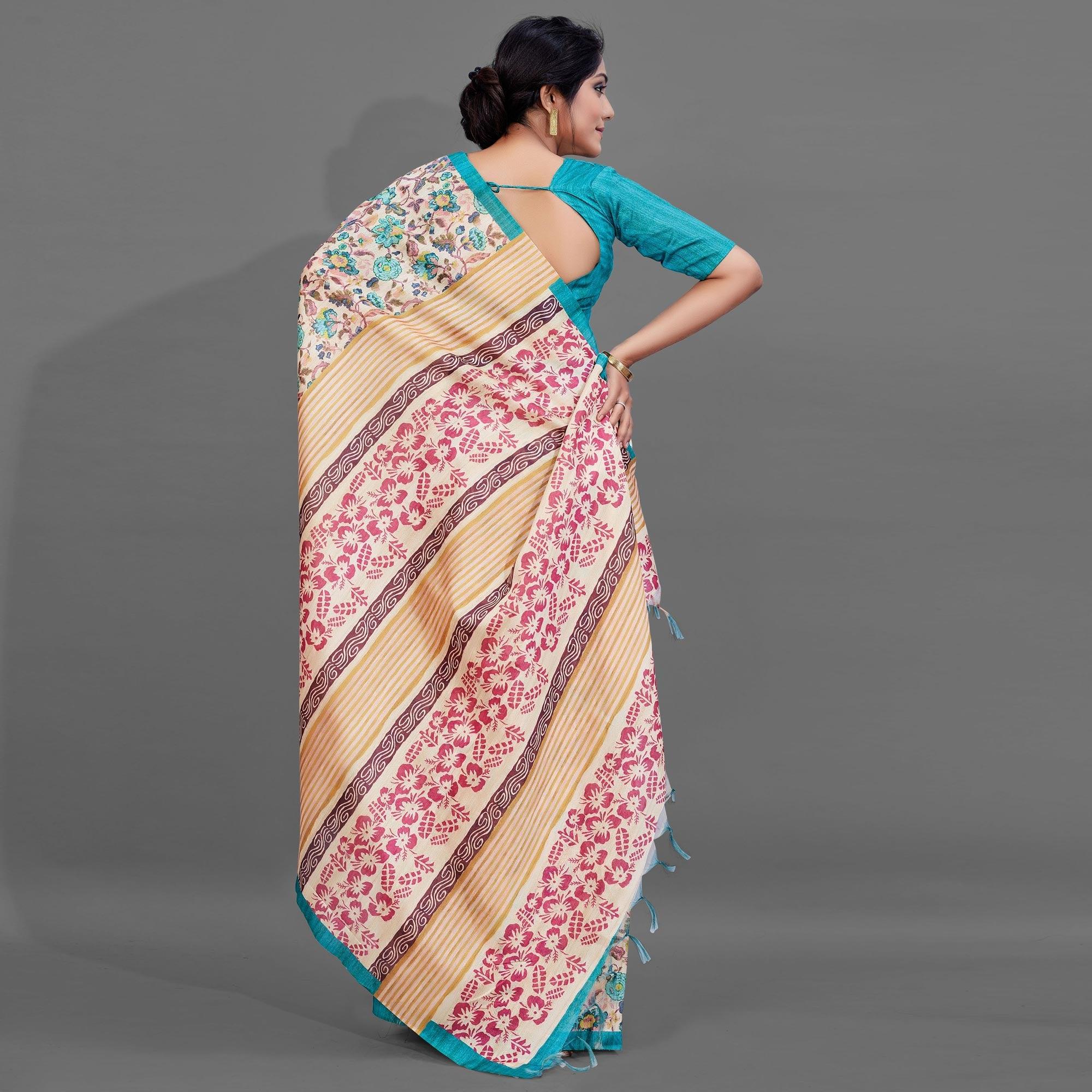 Sareemall Beige Casual Art Silk Printed Saree With Unstitched Blouse - Peachmode
