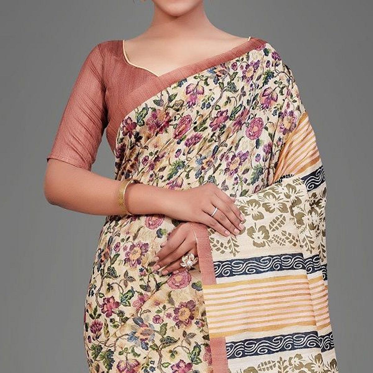 Sareemall Beige Casual Art Silk Printed Saree With Unstitched Blouse - Peachmode