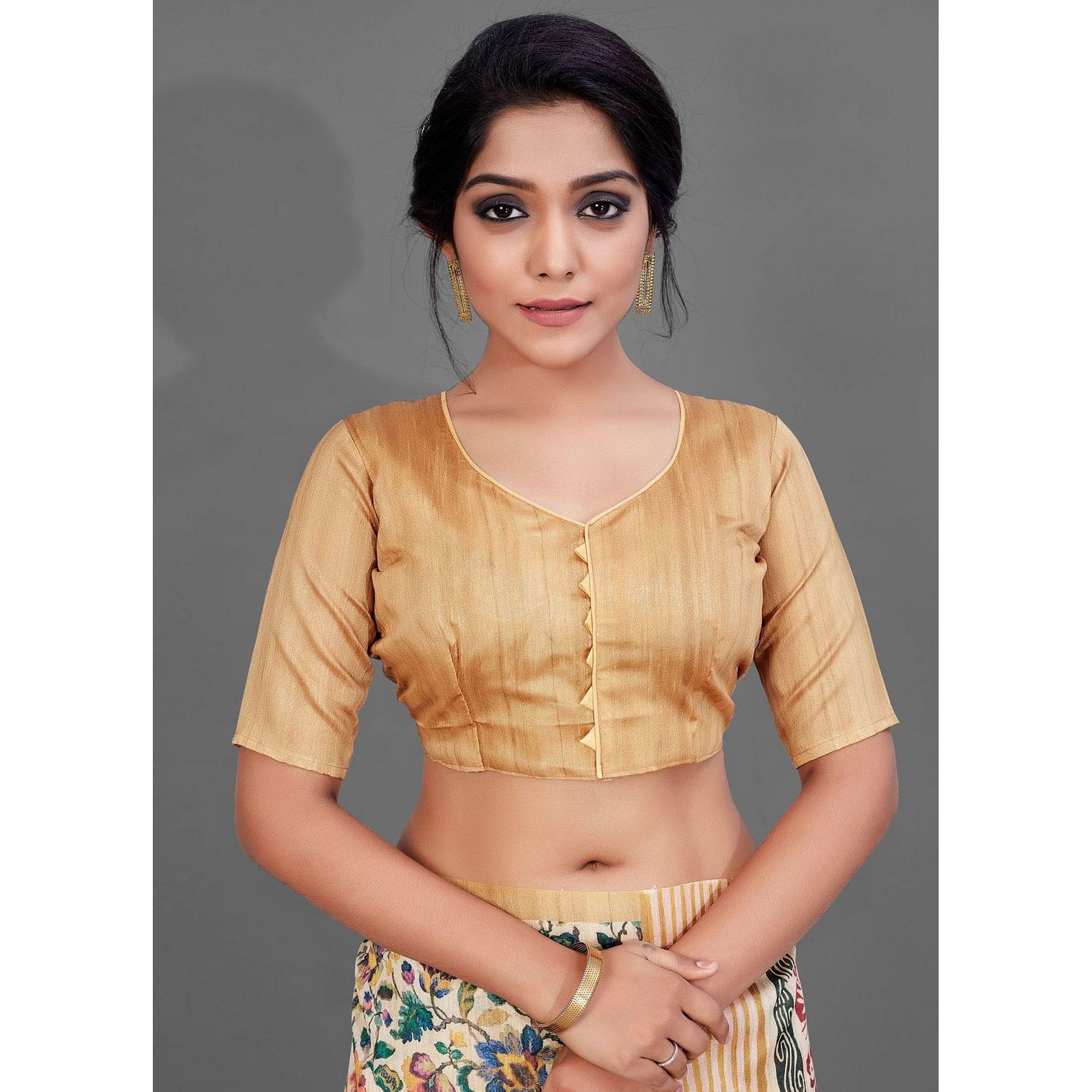 Sareemall Beige Casual Art Silk Printed Saree With Unstitched Blouse - Peachmode