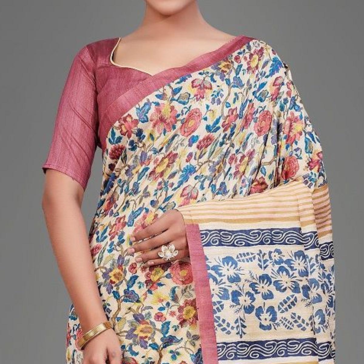 Sareemall Beige Casual Art Silk Printed Saree With Unstitched Blouse - Peachmode