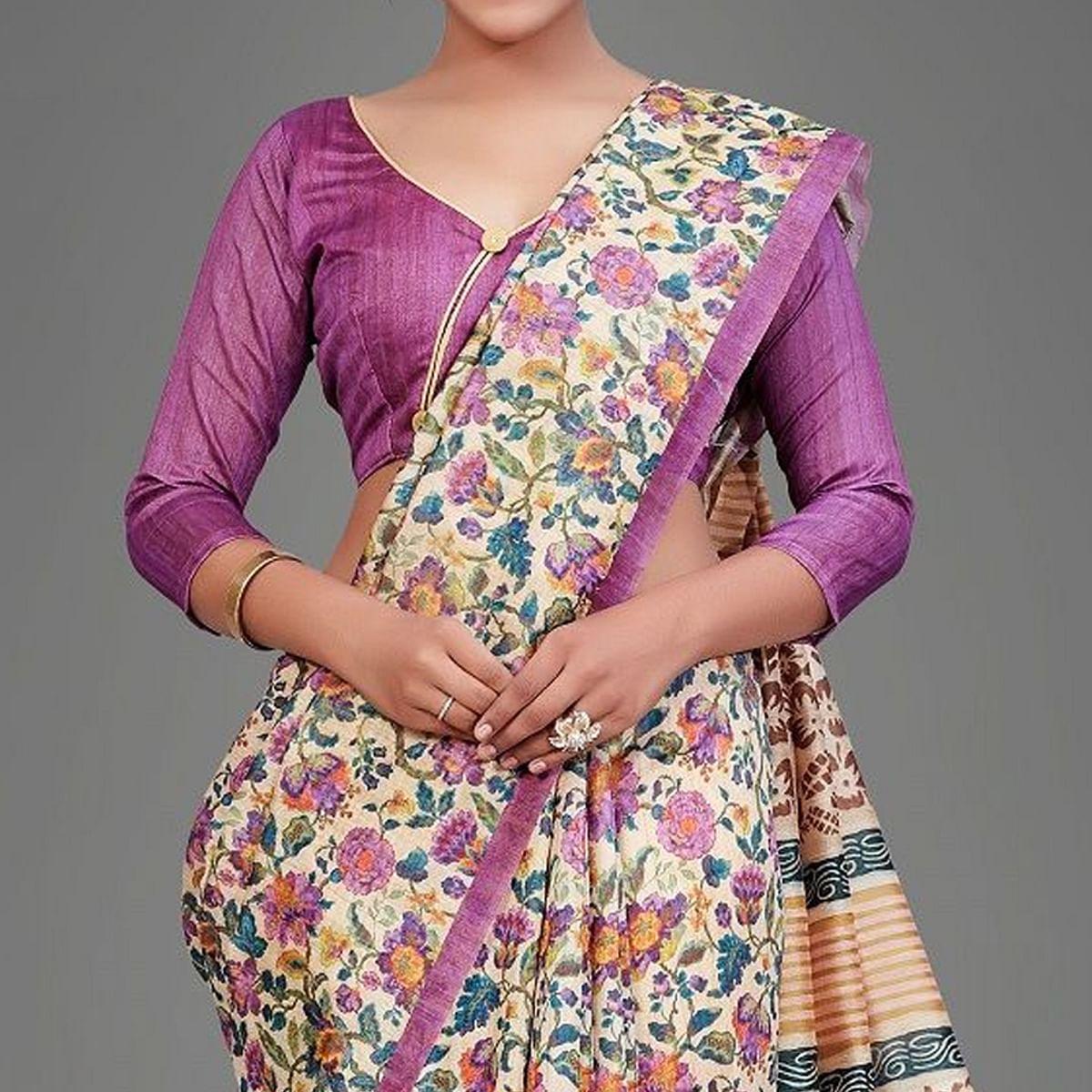 Sareemall Beige Casual Art Silk Printed Saree With Unstitched Blouse - Peachmode