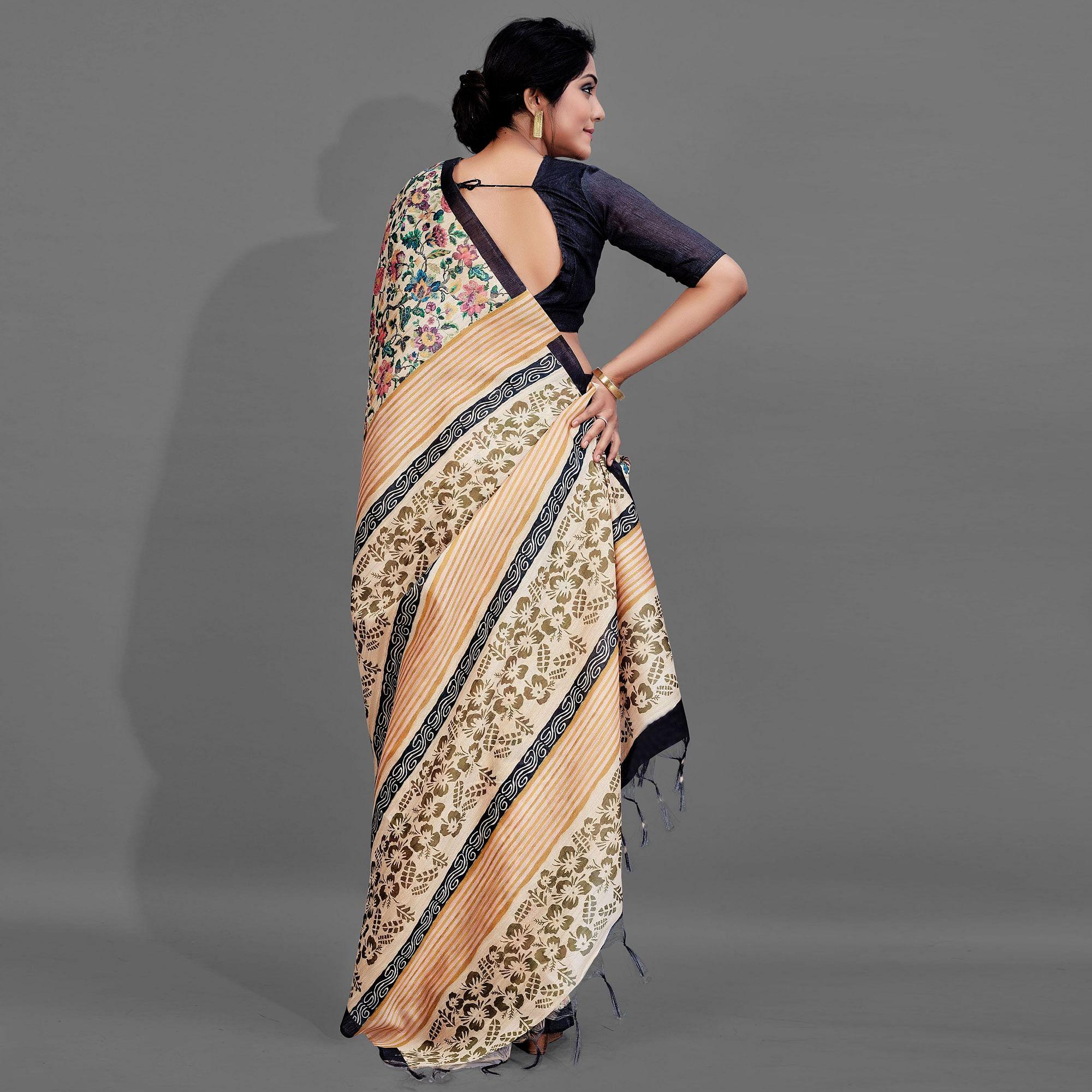 Sareemall Beige Casual Art Silk Printed Saree With Unstitched Blouse - Peachmode