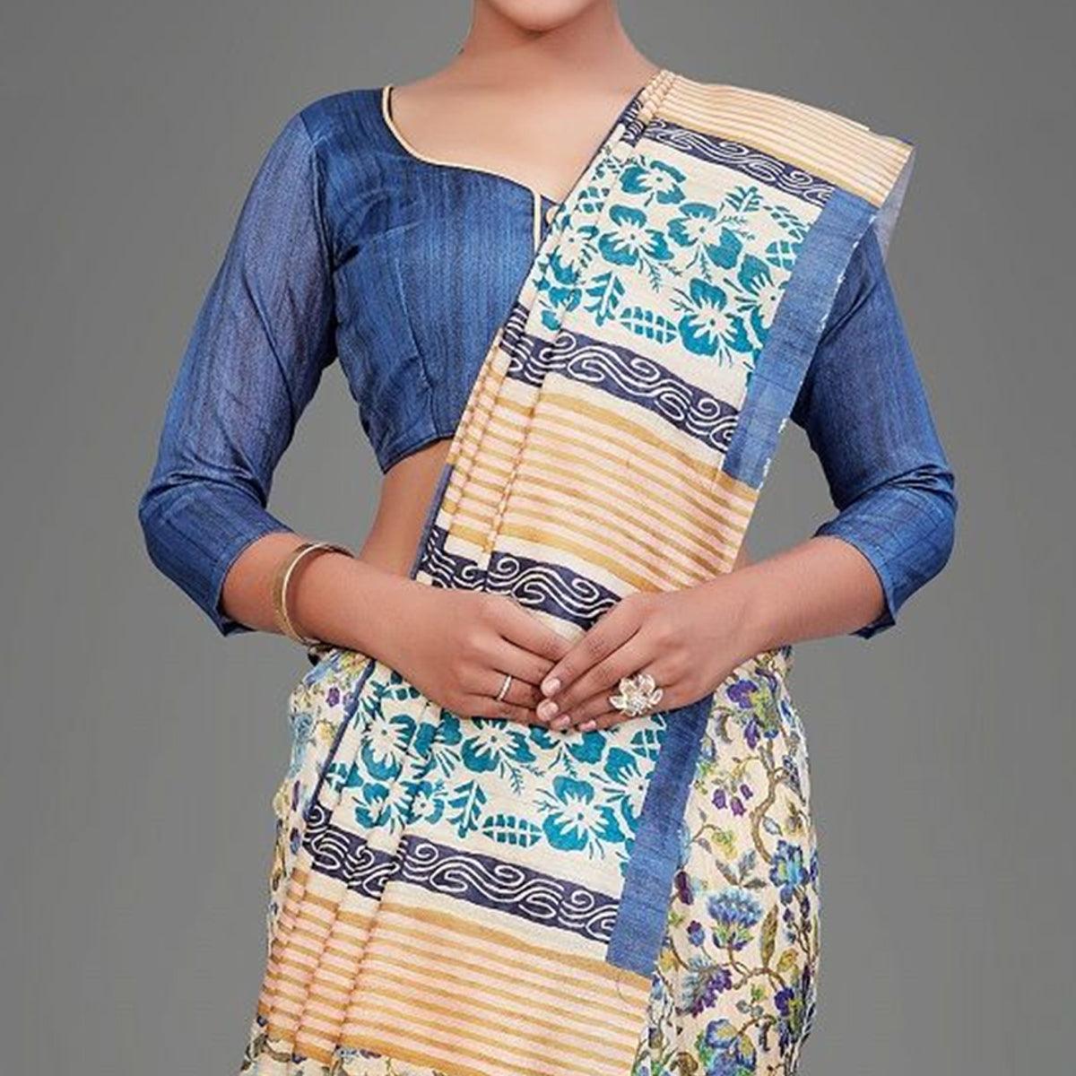 Sareemall Beige Casual Art Silk Printed Saree With Unstitched Blouse - Peachmode