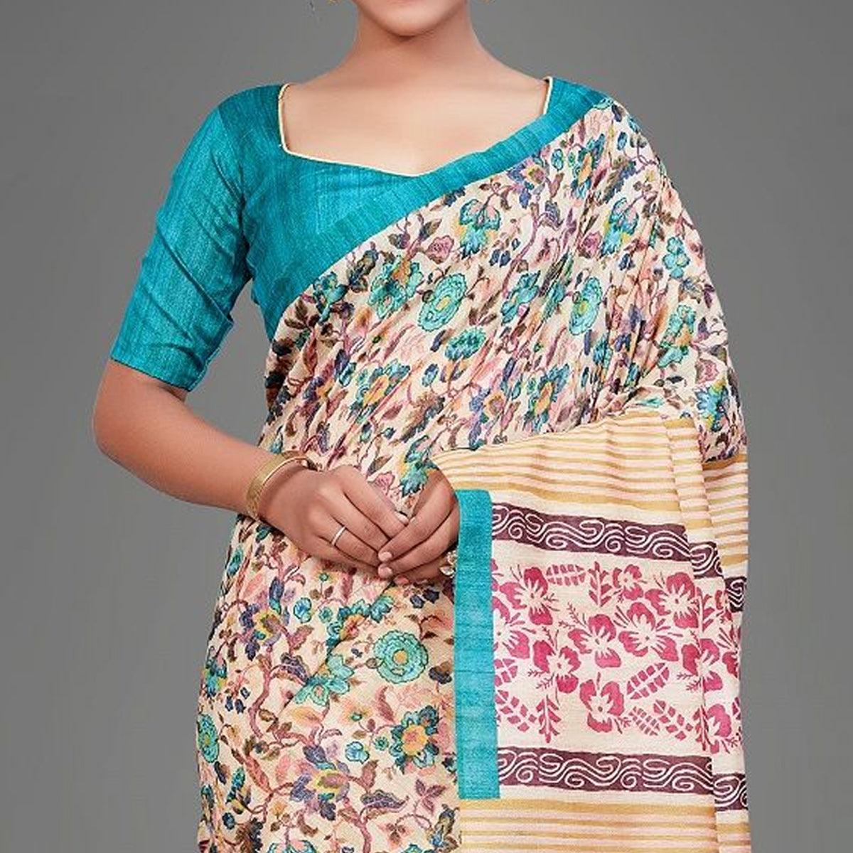 Sareemall Beige Casual Art Silk Printed Saree With Unstitched Blouse - Peachmode