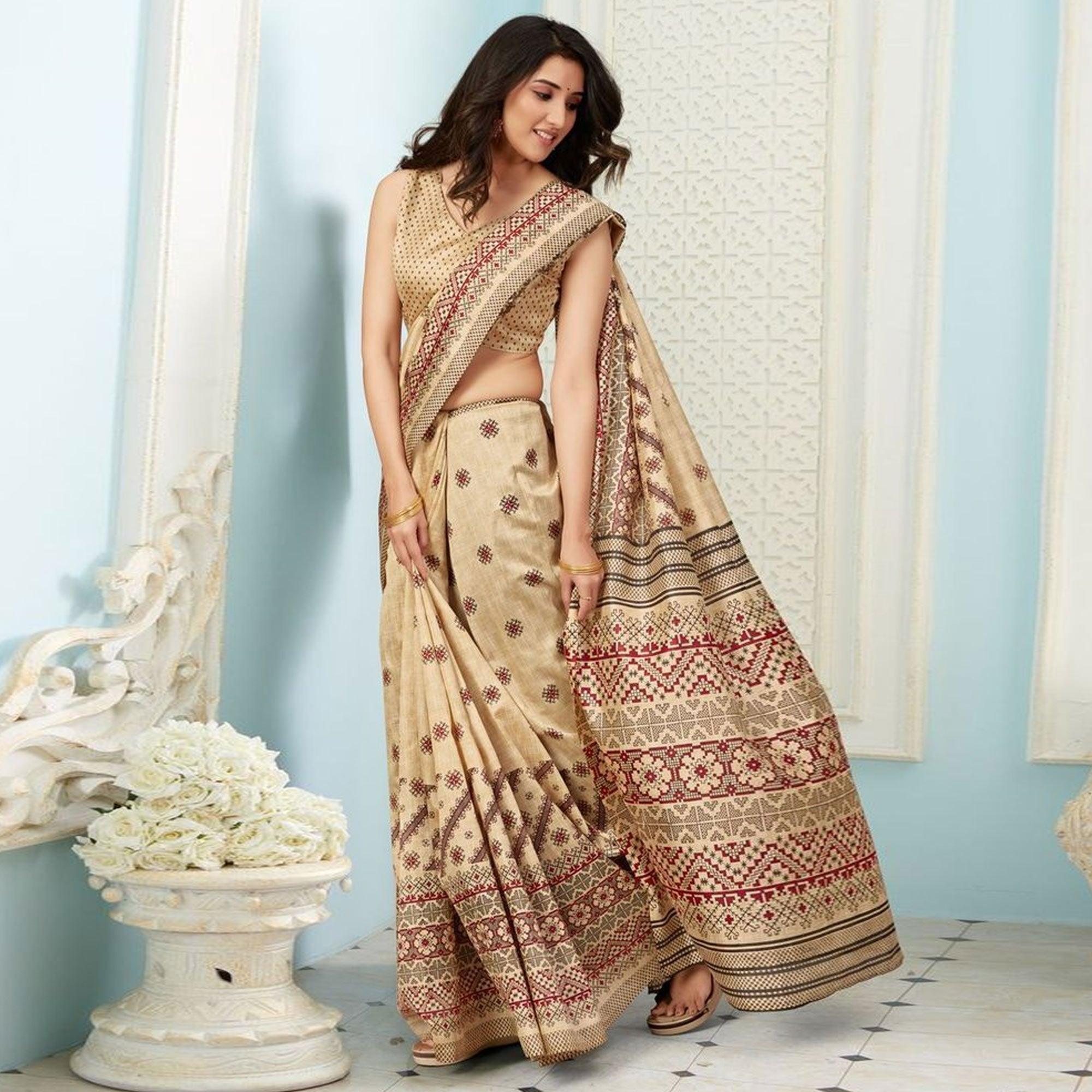 Sareemall Beige Casual Bhagalpuri Printed Saree With Unstitched Blouse - Peachmode