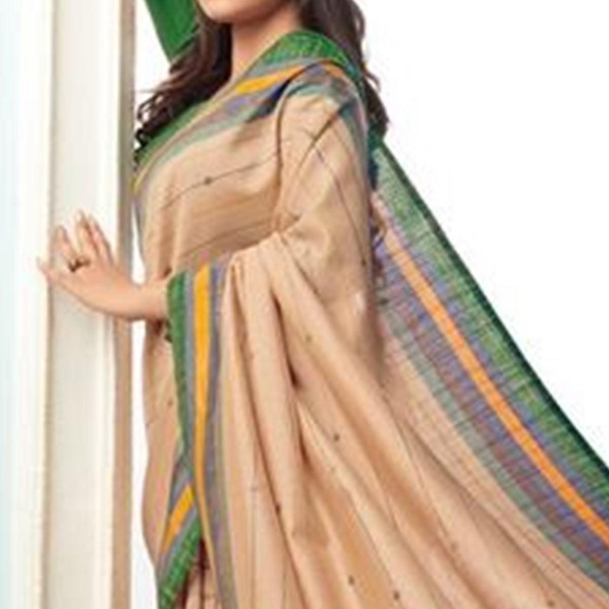 Sareemall Beige Casual Bhagalpuri Printed Saree With Unstitched Blouse - Peachmode