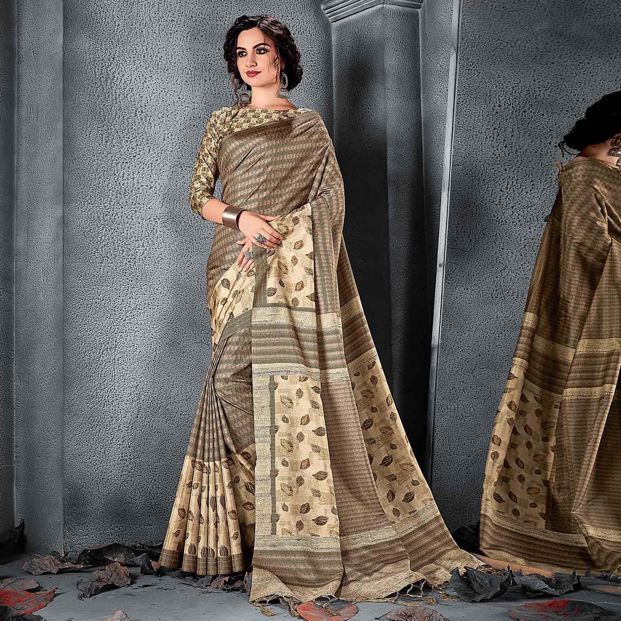 Sareemall Beige Festive Manipuri Silk Floral Saree With Unstitched Blouse - Peachmode