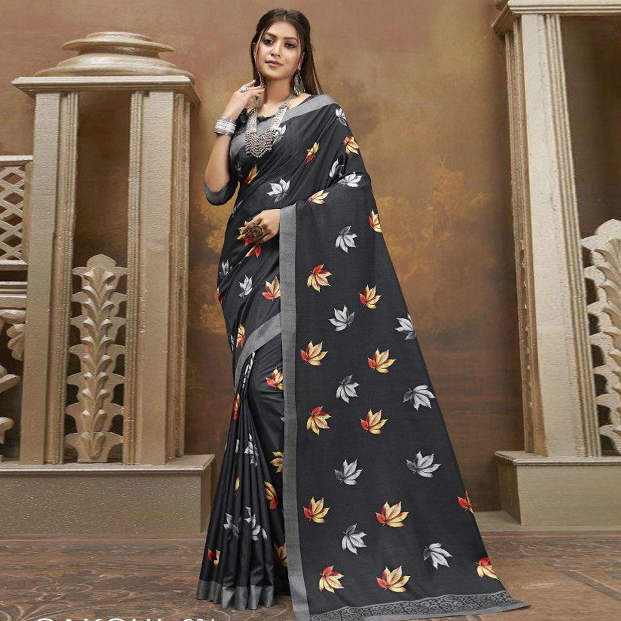 Sareemall Black Casual Satin Printed Saree With Unstitched Blouse - Peachmode