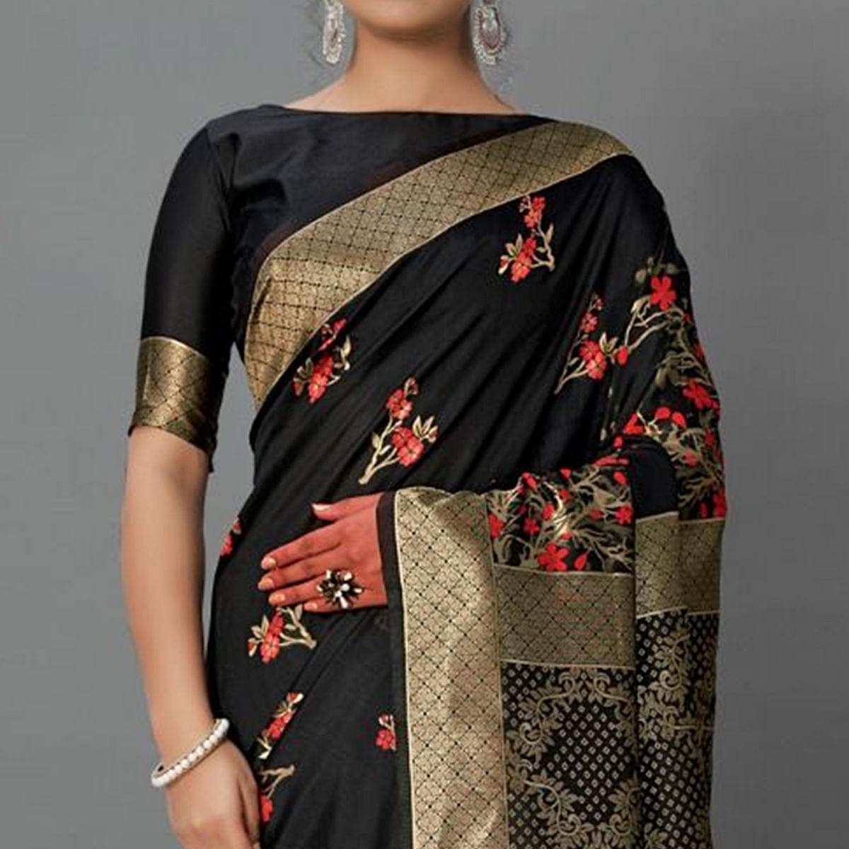 Sareemall Black Casual Silk Blend Printed Saree With Unstitched Blouse - Peachmode
