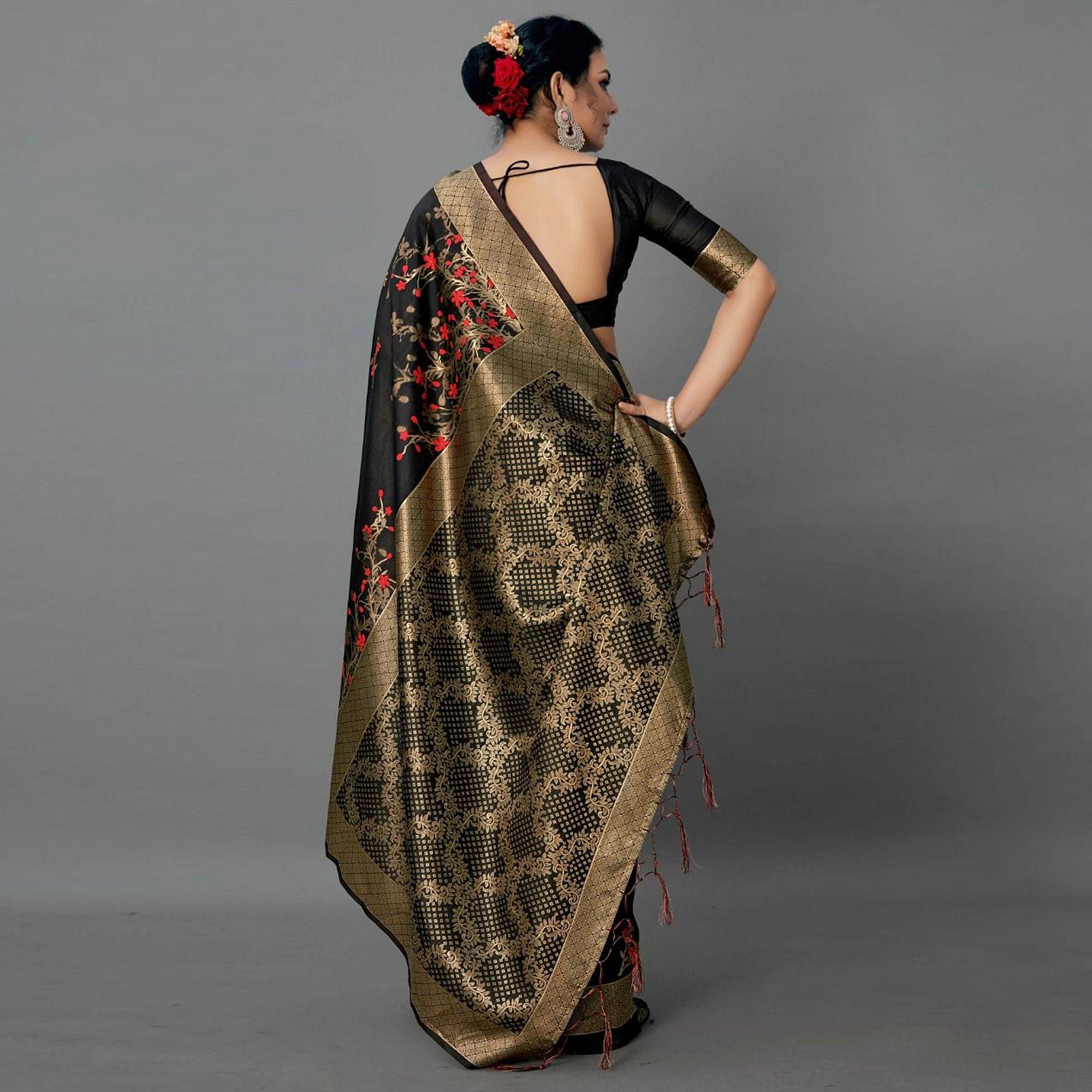 Sareemall Black Casual Silk Blend Printed Saree With Unstitched Blouse - Peachmode