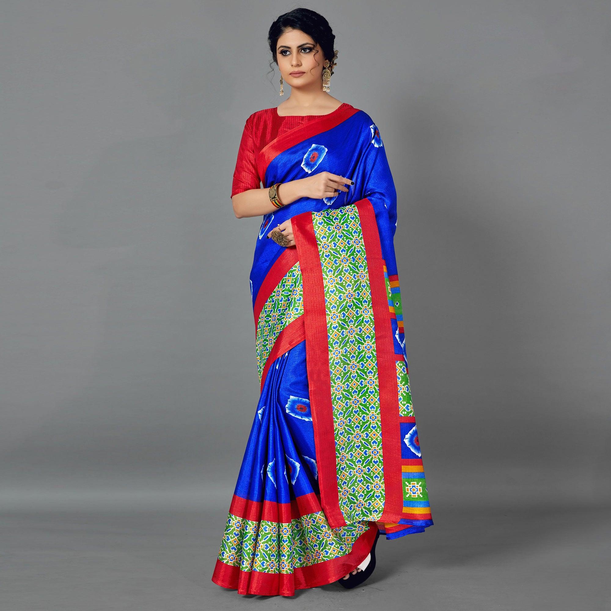 Sareemall Blue Casual Art Silk Printed Saree With Unstitched Blouse - Peachmode