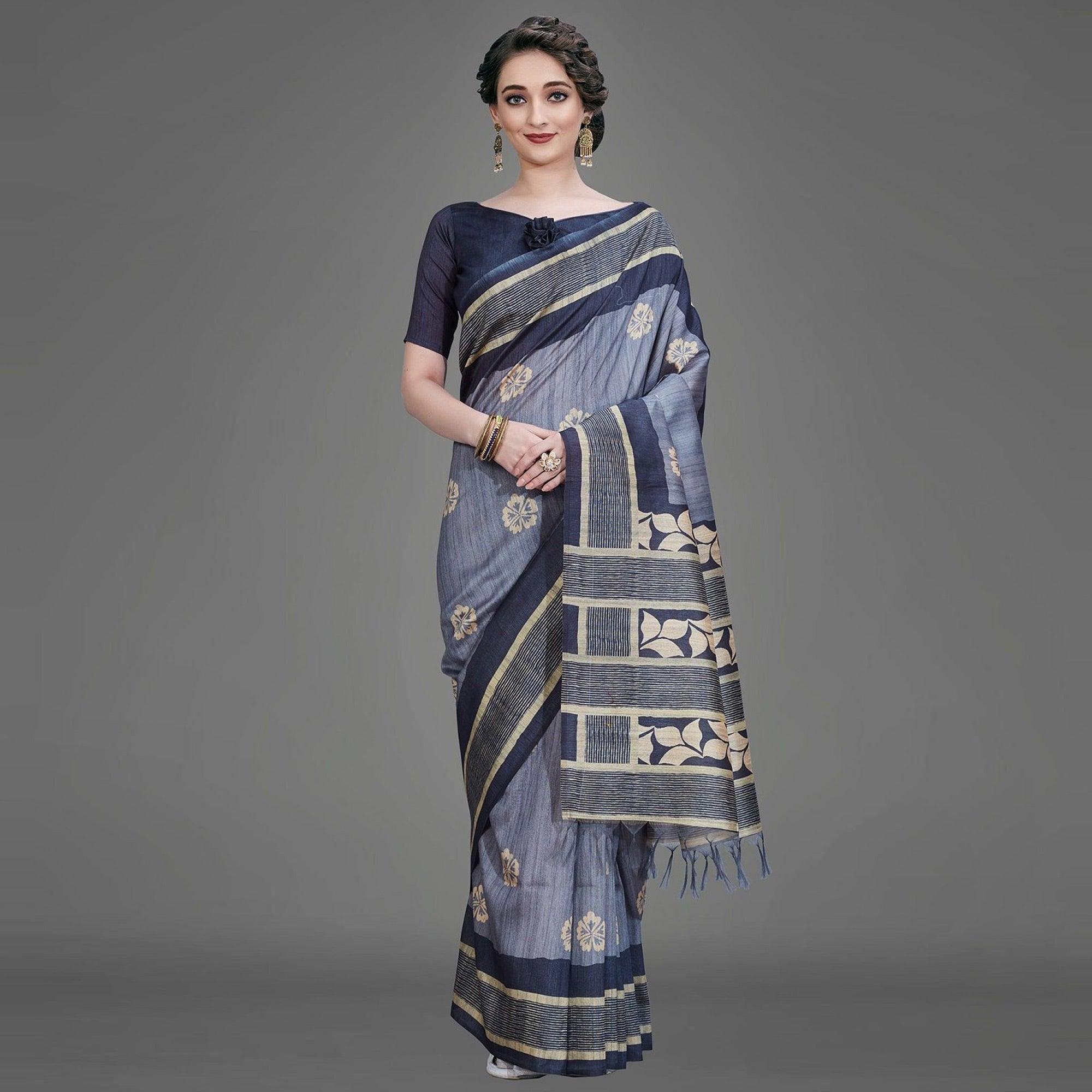 Sareemall Blue Casual Art Silk Printed Saree With Unstitched Blouse - Peachmode