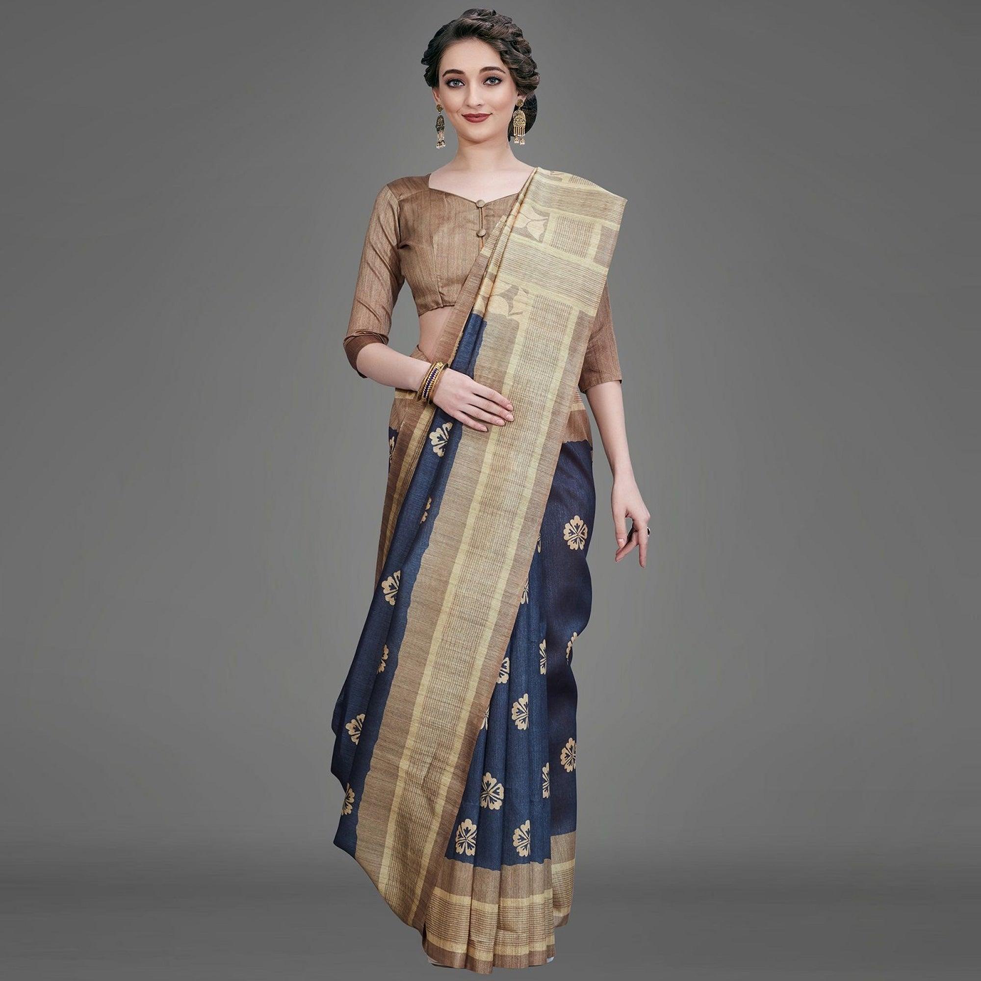 Sareemall Blue Casual Art Silk Printed Saree With Unstitched Blouse - Peachmode