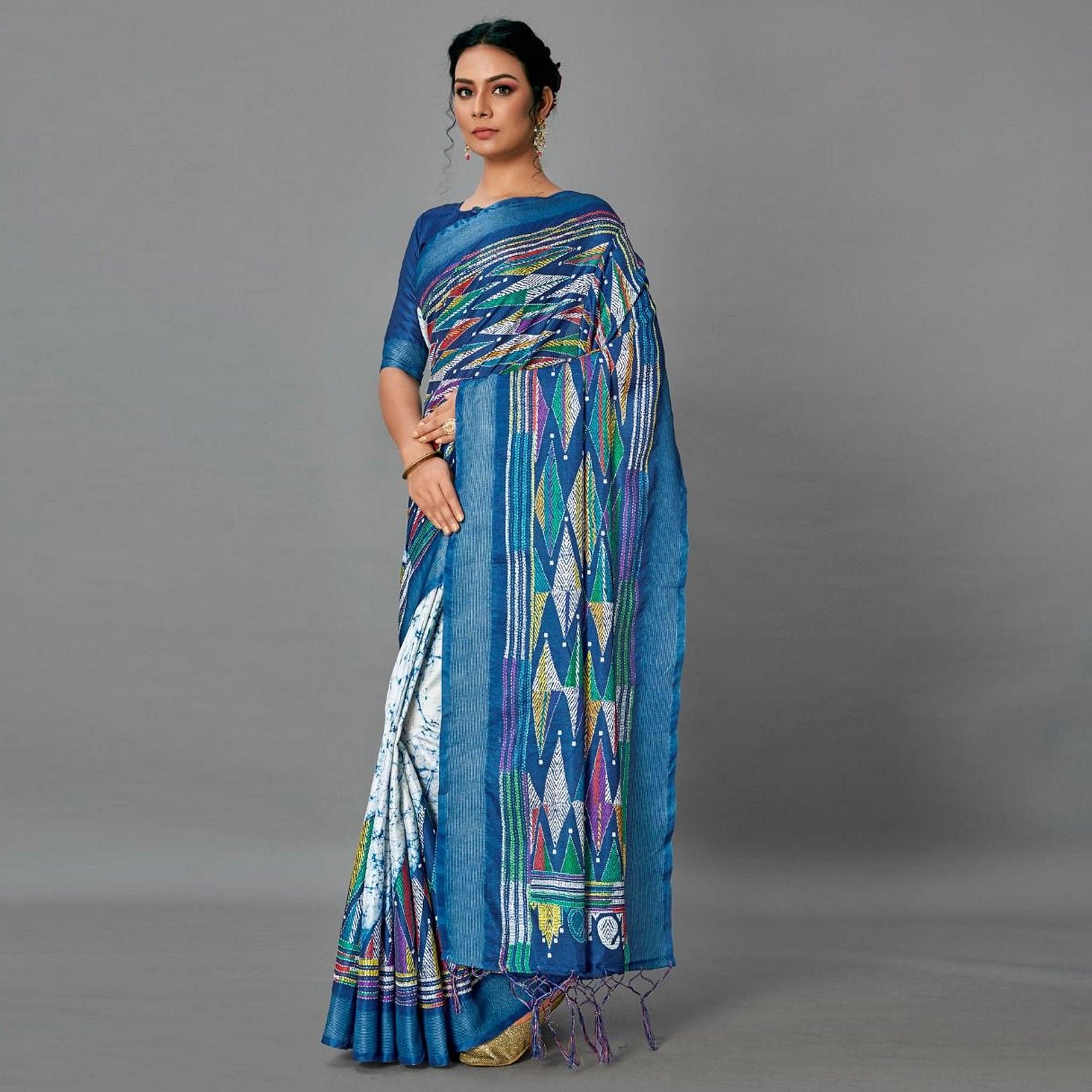 Sareemall Blue Casual Art Silk Printed Saree With Unstitched Blouse - Peachmode