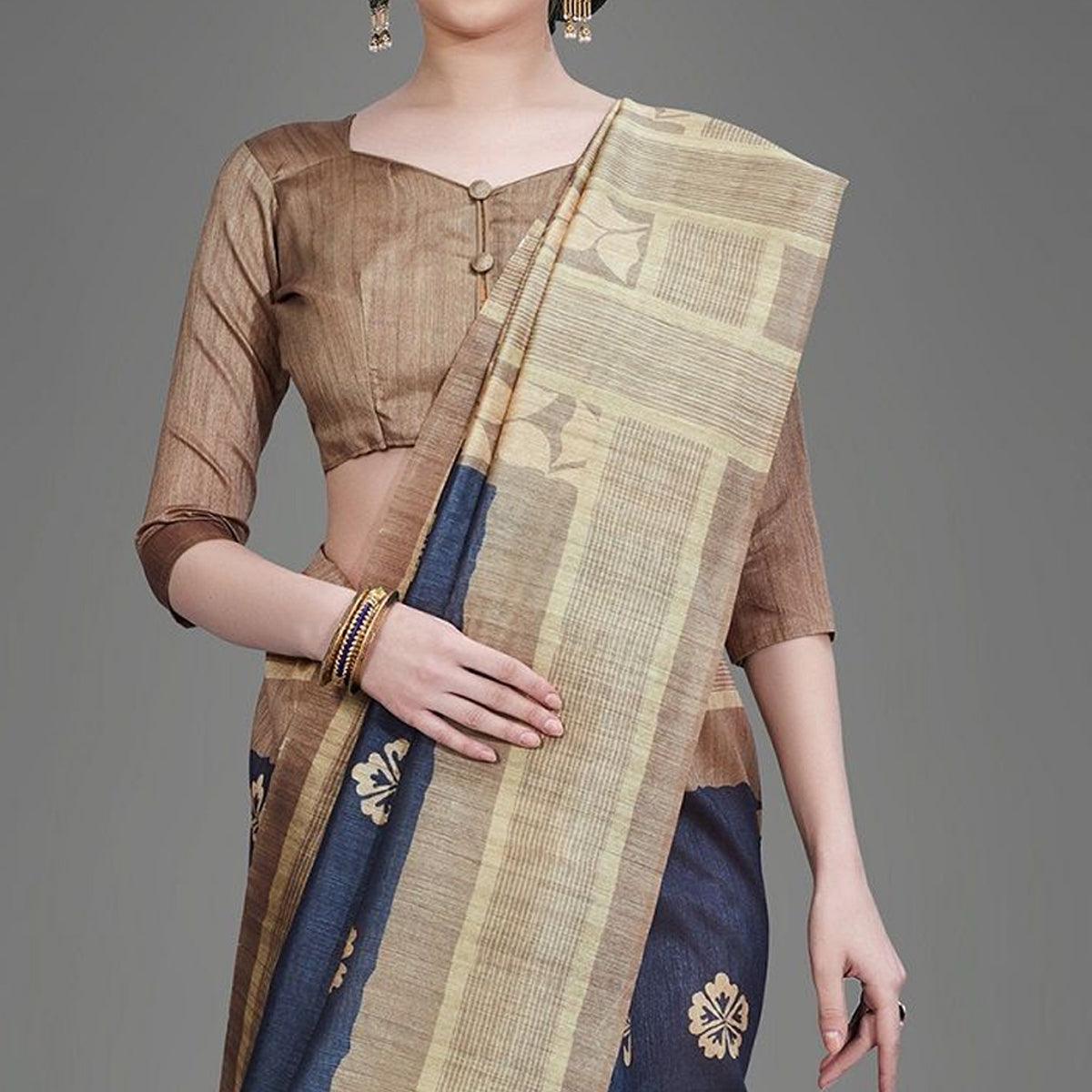 Sareemall Blue Casual Art Silk Printed Saree With Unstitched Blouse - Peachmode