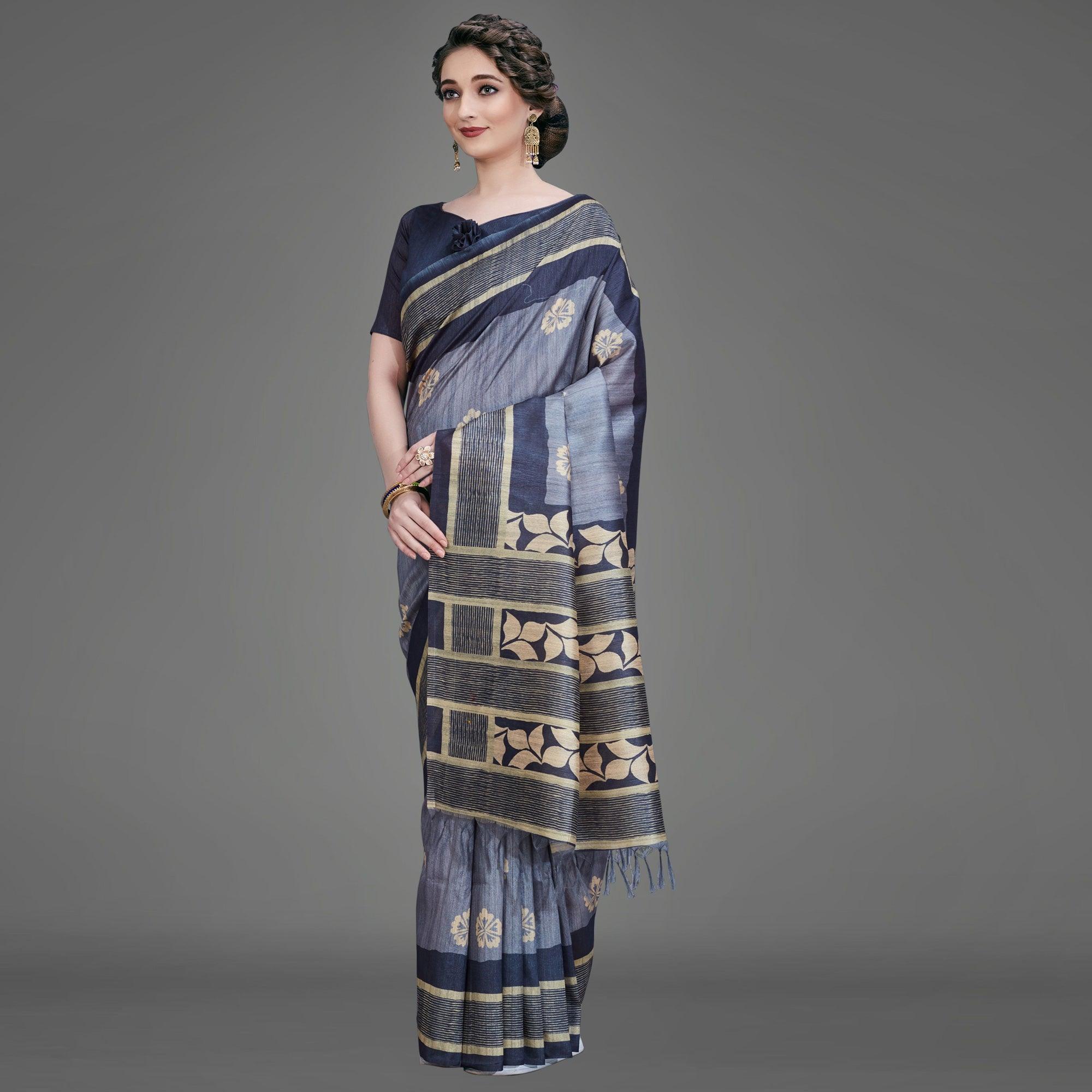 Sareemall Blue Casual Art Silk Printed Saree With Unstitched Blouse - Peachmode