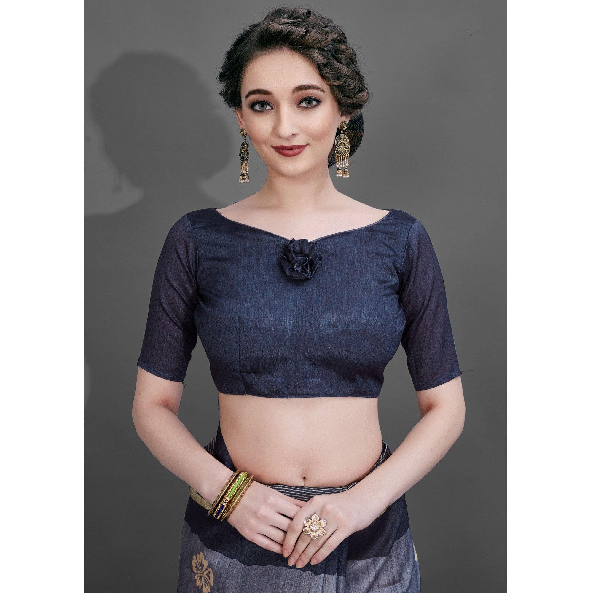 Sareemall Blue Casual Art Silk Printed Saree With Unstitched Blouse - Peachmode
