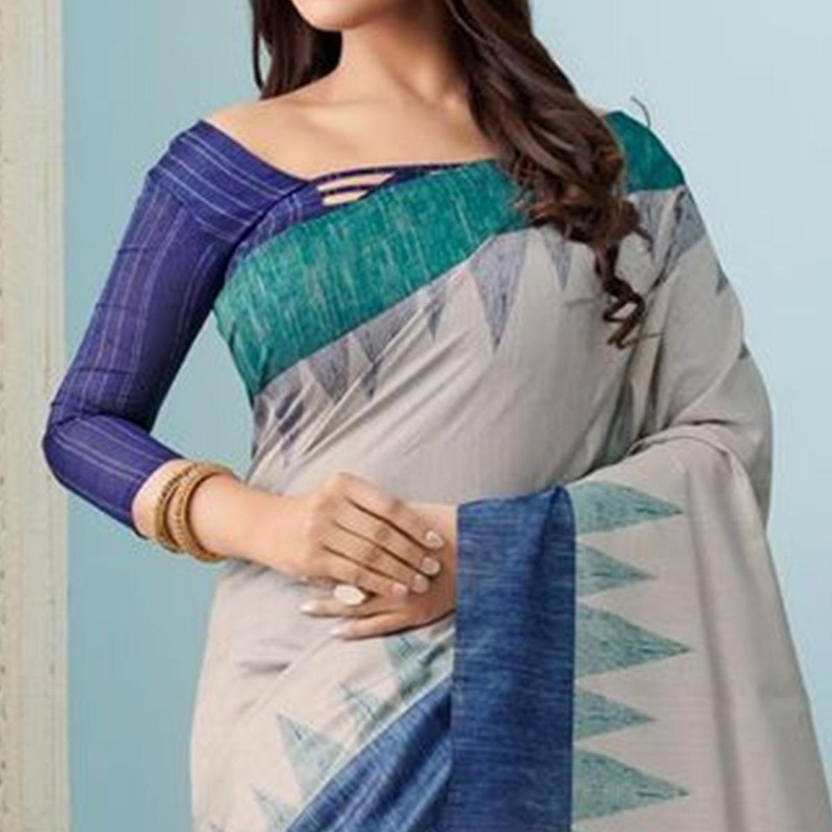 Sareemall Blue Casual Bhagalpuri Printed Saree With Unstitched Blouse - Peachmode