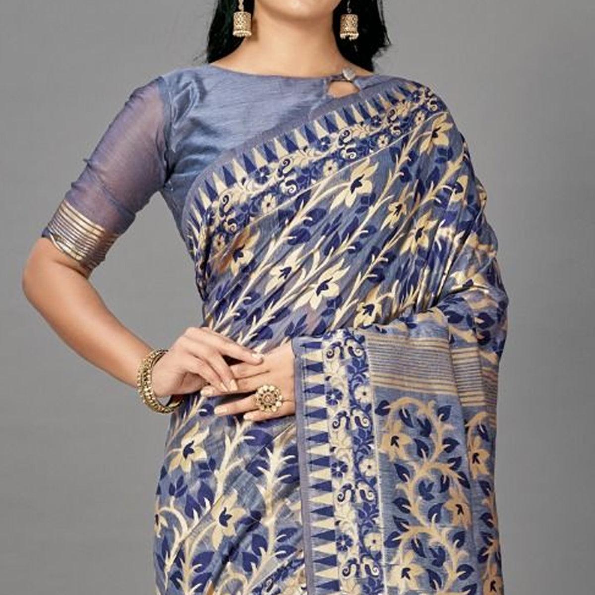 Sareemall Blue Casual Bhagalpuri Silk Woven Saree With Unstitched Blouse - Peachmode