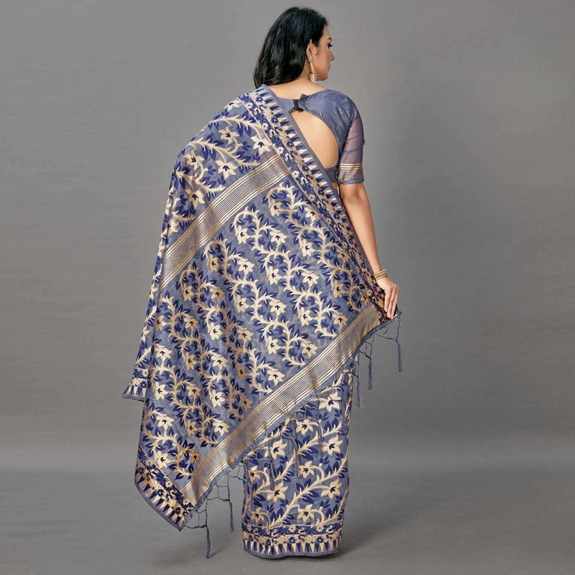 Sareemall Blue Casual Bhagalpuri Silk Woven Saree With Unstitched Blouse - Peachmode